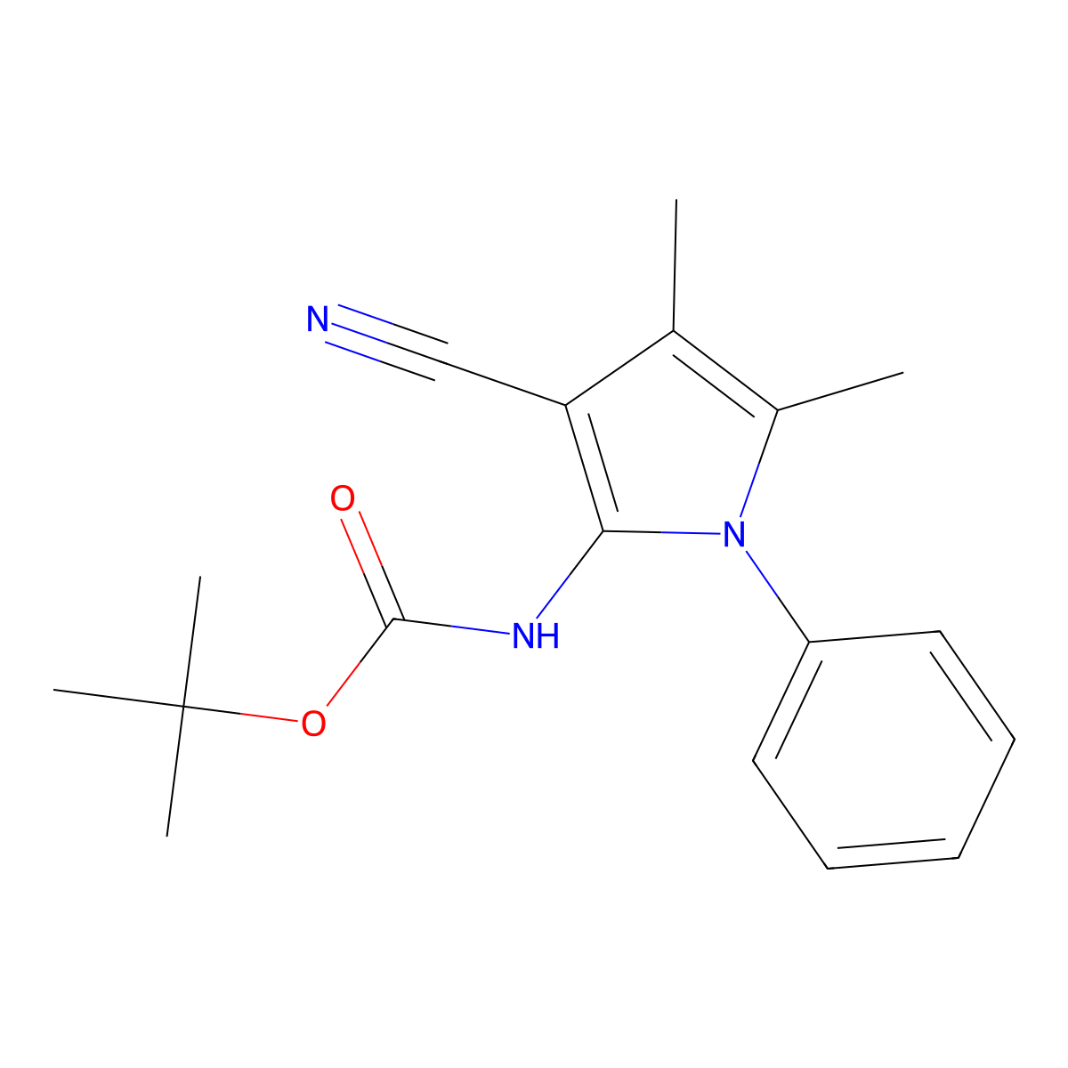 tert-butyl N-(3-cyano-4,5-dimethyl-1-phenyl-1H-pyrrol-2-yl)carbamate molecular structure, CAS 2680813-22-1