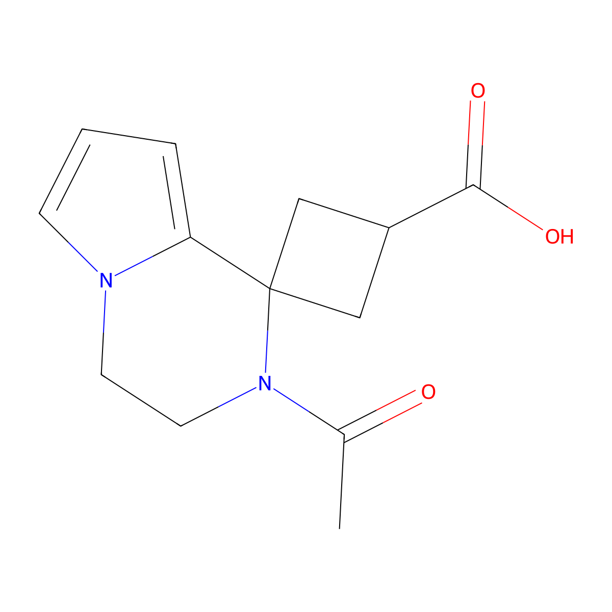 2'-acetyl-3',4'-dihydro-2'H-spiro[cyclobutane-1,1'-pyrrolo[1,2-a]pyrazine]-3-carboxylic acid molecular structure, CAS 2680814-54-2