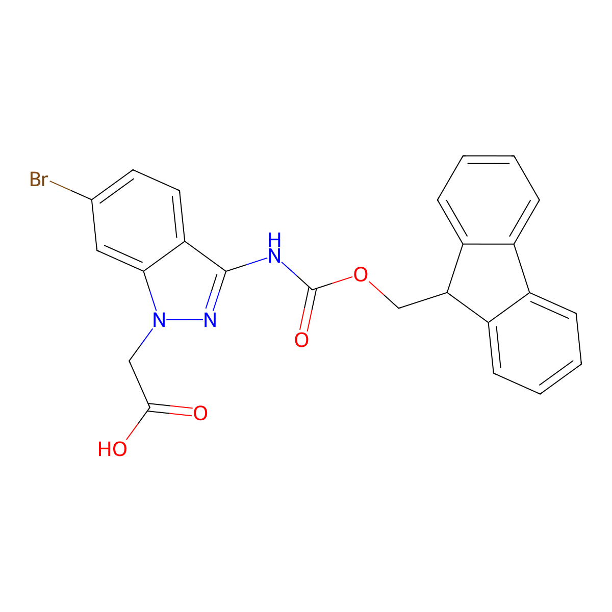 2-[6-bromo-3-({[(9H-fluoren-9-yl)methoxy]carbonyl}amino)-1H-indazol-1-yl]acetic acid molecular structure, CAS 2680816-00-4