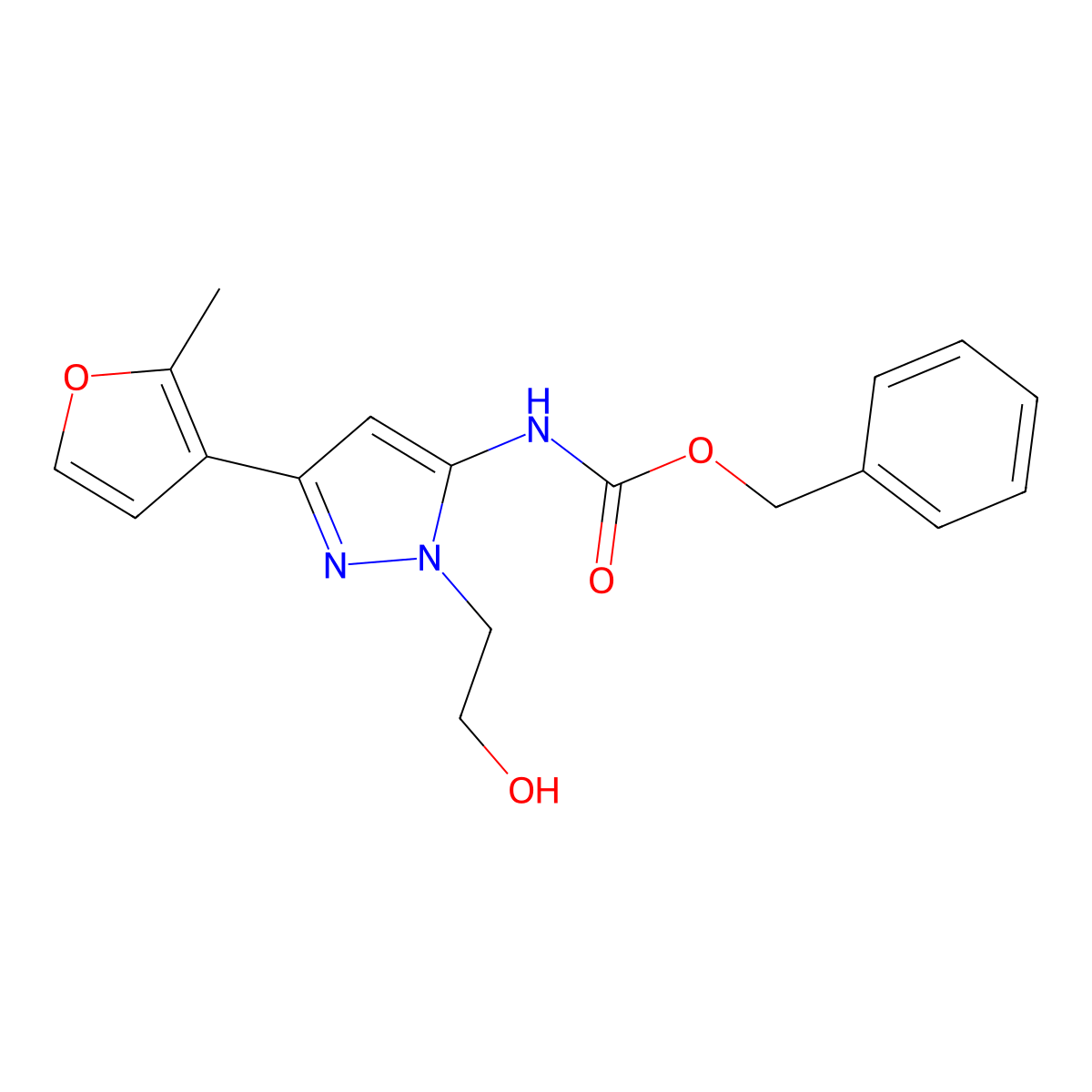 benzyl N-[1-(2-hydroxyethyl)-3-(2-methylfuran-3-yl)-1H-pyrazol-5-yl]carbamate molecular structure, CAS 2680816-62-8