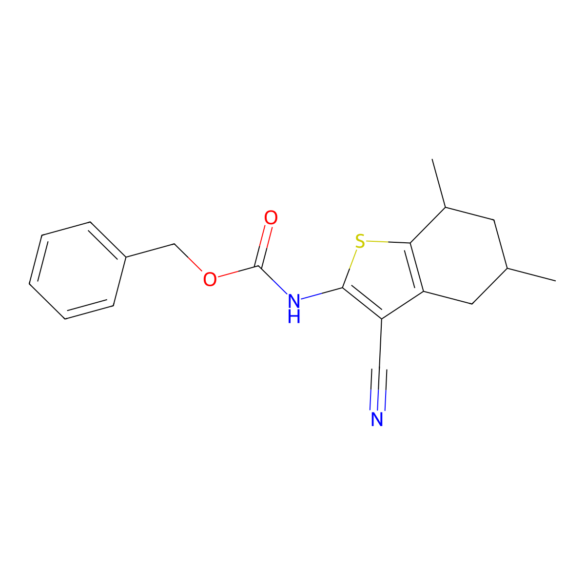 benzyl N-(3-cyano-5,7-dimethyl-4,5,6,7-tetrahydro-1-benzothiophen-2-yl)carbamate molecular structure, CAS 2680816-68-4