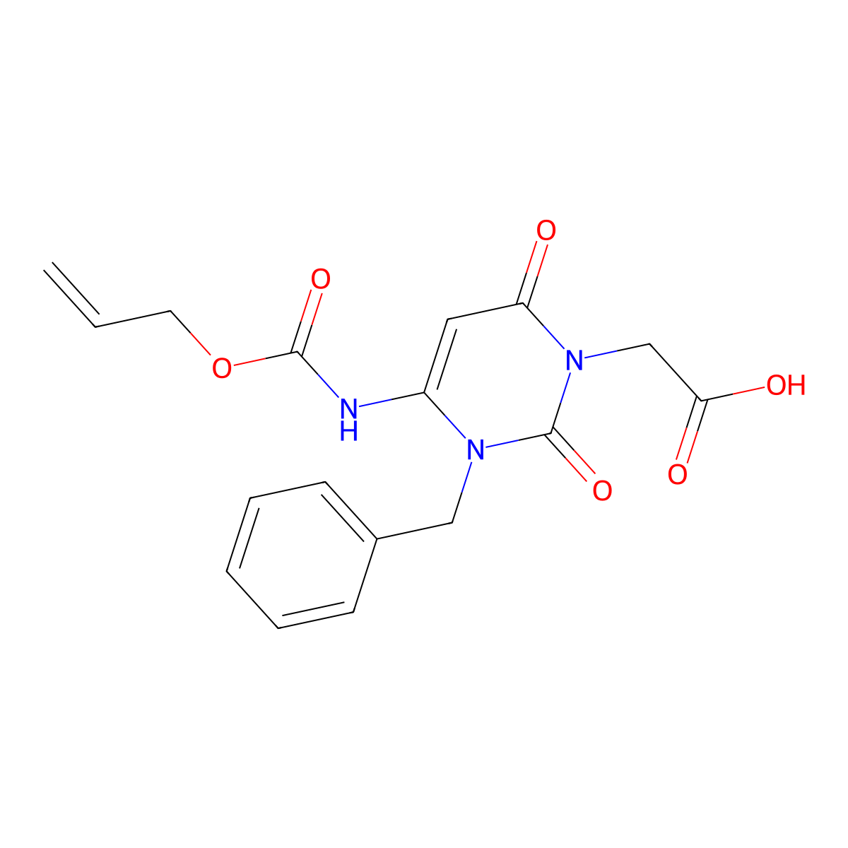 2-(3-Benzyl-2,6-dioxo-4-{[(prop-2-en-1-yloxy)carbonyl]amino}-1,2,3,6-tetrahydropyrimidin-1-yl)acetic acid molecular structure, CAS 2680816-78-6
