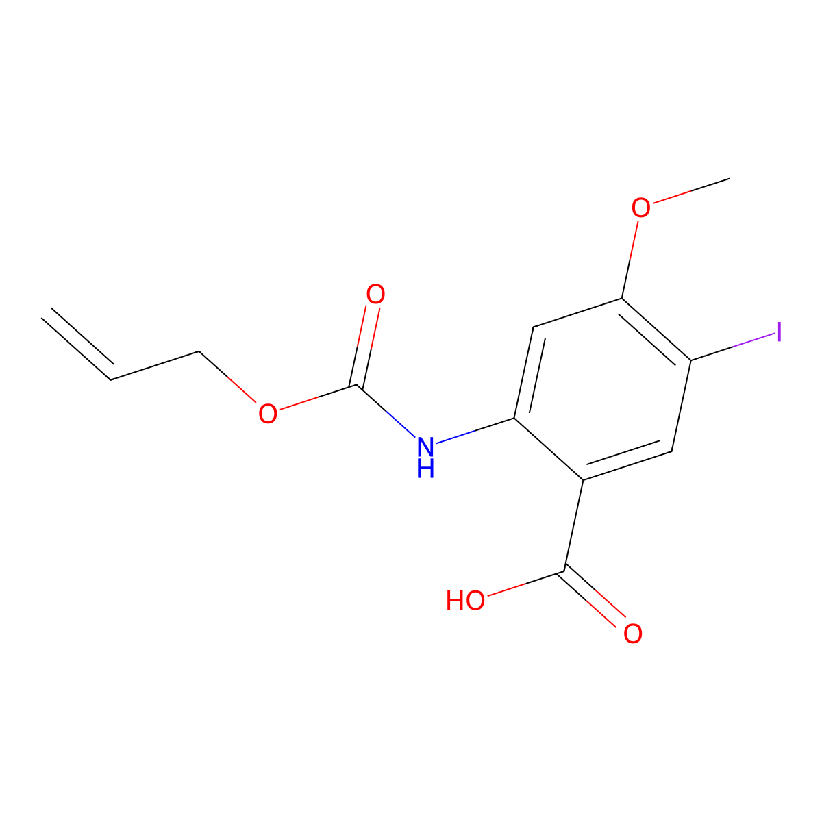 5-Iodo-4-methoxy-2-{[(prop-2-en-1-yloxy)carbonyl]amino}benzoic acid molecular structure, CAS 2680816-79-7