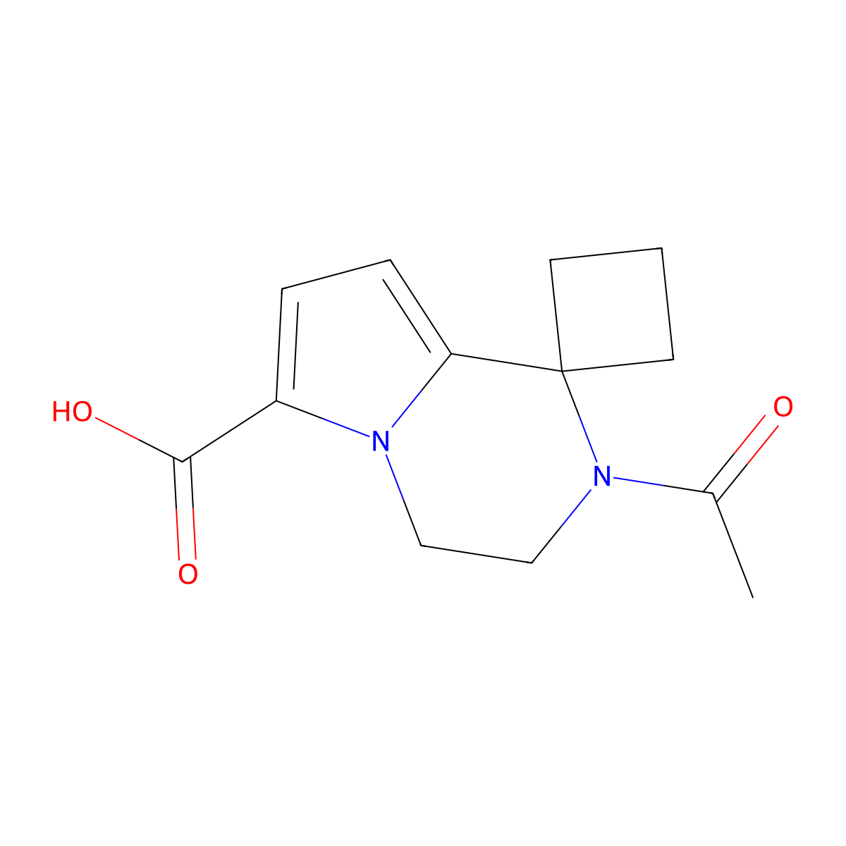 2'-acetyl-3',4'-dihydro-2'H-spiro[cyclobutane-1,1'-pyrrolo[1,2-a]pyrazine]-6'-carboxylic acid molecular structure, CAS 2680817-91-6