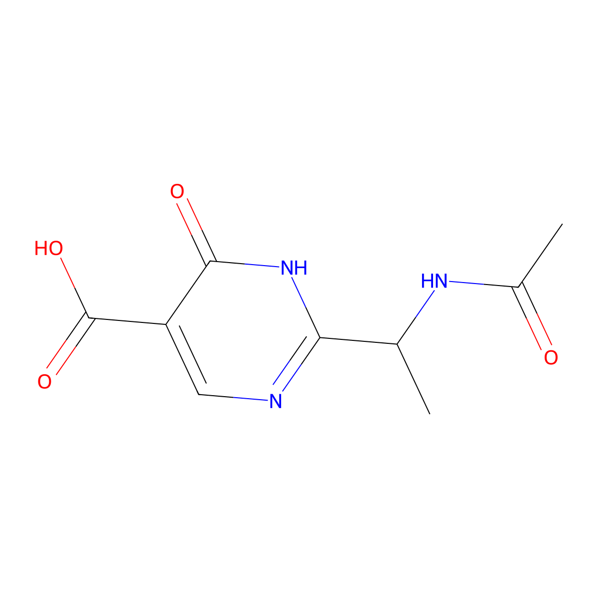 2-(1-Acetamidoethyl)-6-oxo-1,6-dihydropyrimidine-5-carboxylic acid molecular structure, CAS 2680818-37-3