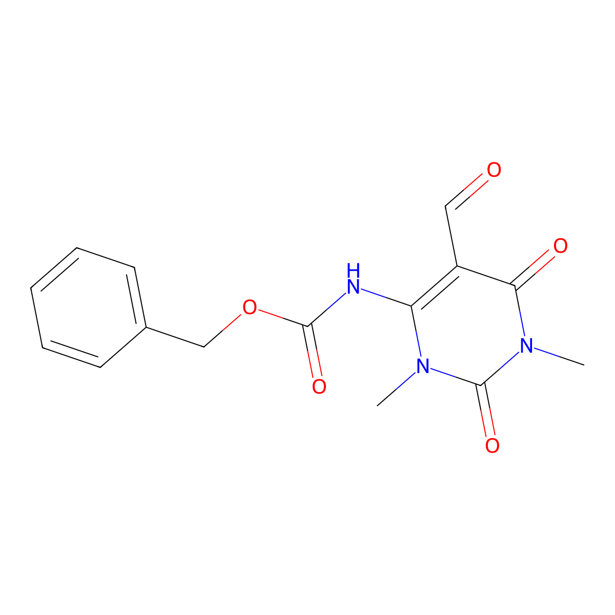 benzyl N-(5-formyl-1,3-dimethyl-2,6-dioxo-1,2,3,6-tetrahydropyrimidin-4-yl)carbamate molecular structure, CAS 2680819-36-5