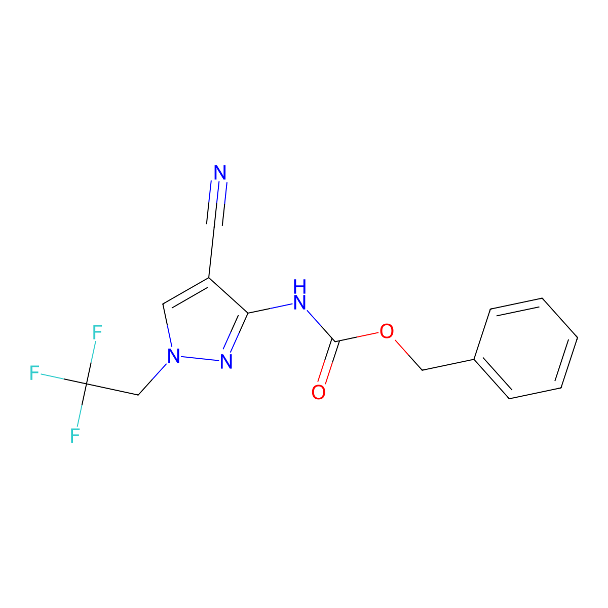 benzyl N-[4-cyano-1-(2,2,2-trifluoroethyl)-1H-pyrazol-3-yl]carbamate molecular structure, CAS 2680819-69-4