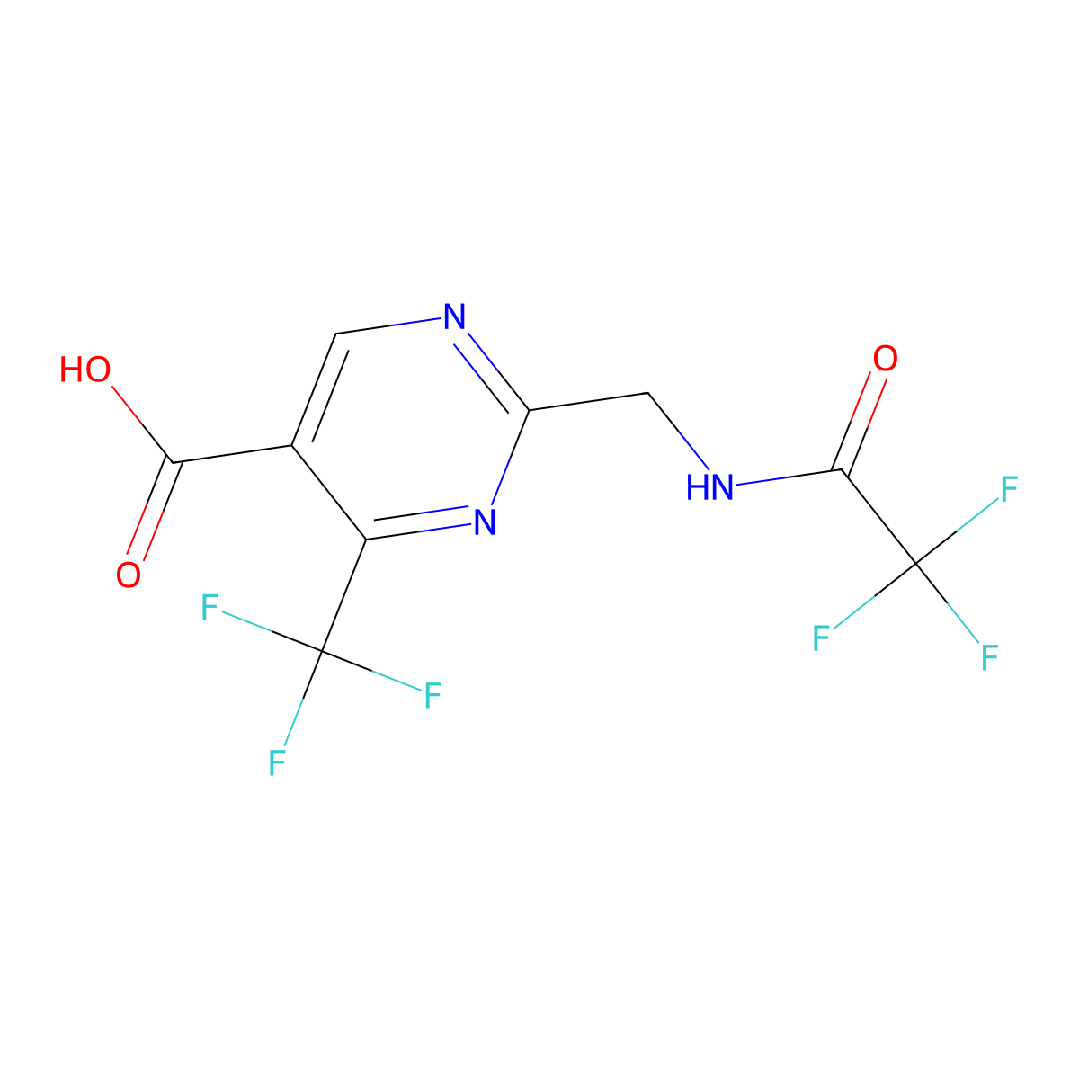 2-[(2,2,2-Trifluoroacetamido)methyl]-4-(trifluoromethyl)pyrimidine-5-carboxylic acid molecular structure, CAS 2680820-08-8