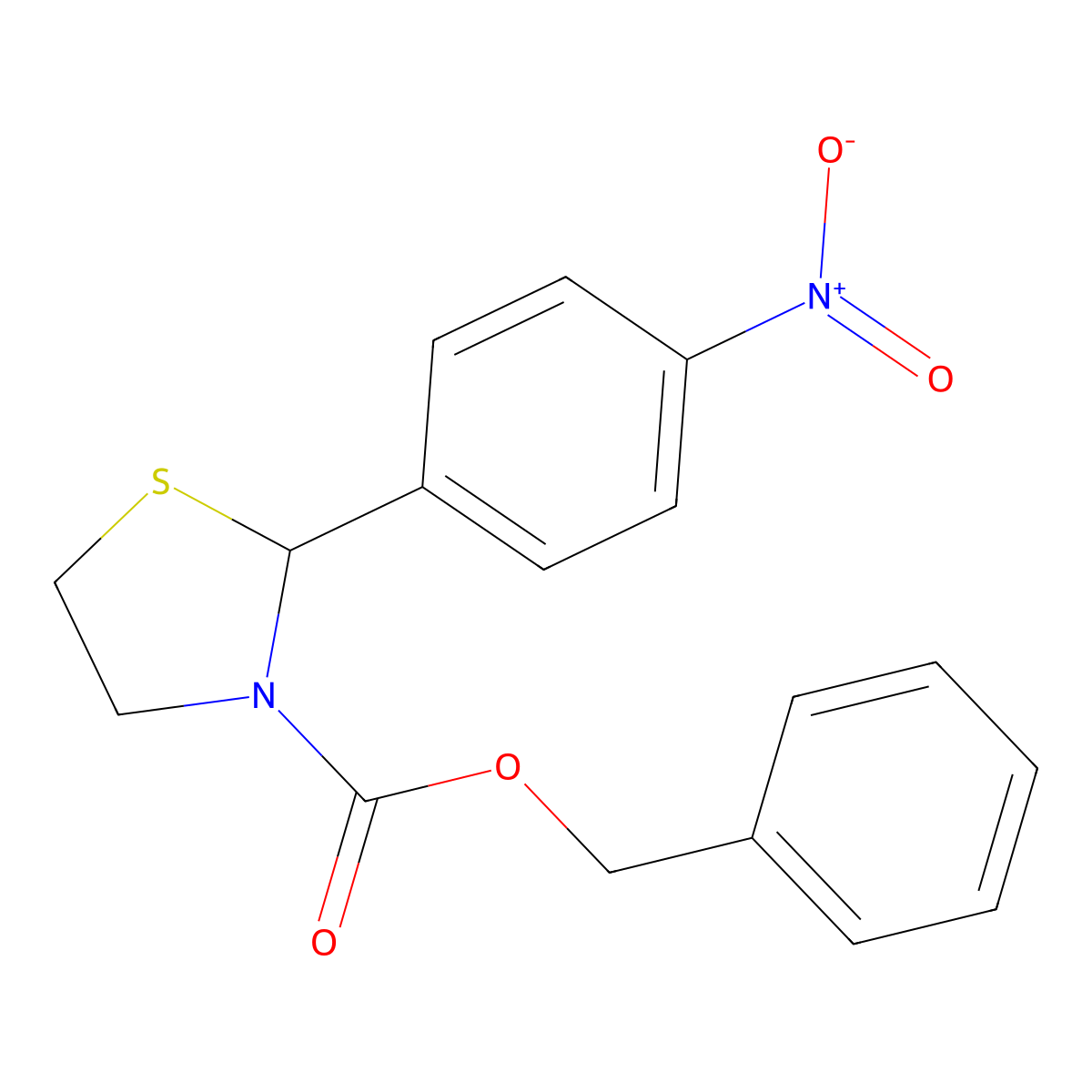 Benzyl 2-(4-nitrophenyl)-1,3-thiazolidine-3-carboxylate molecular structure, CAS 2680820-22-6