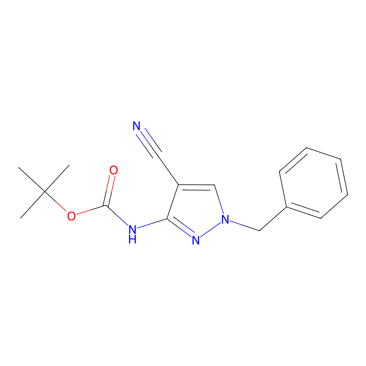 tert-butyl N-(1-benzyl-4-cyano-1H-pyrazol-3-yl)carbamate molecular structure, CAS 2680820-35-1