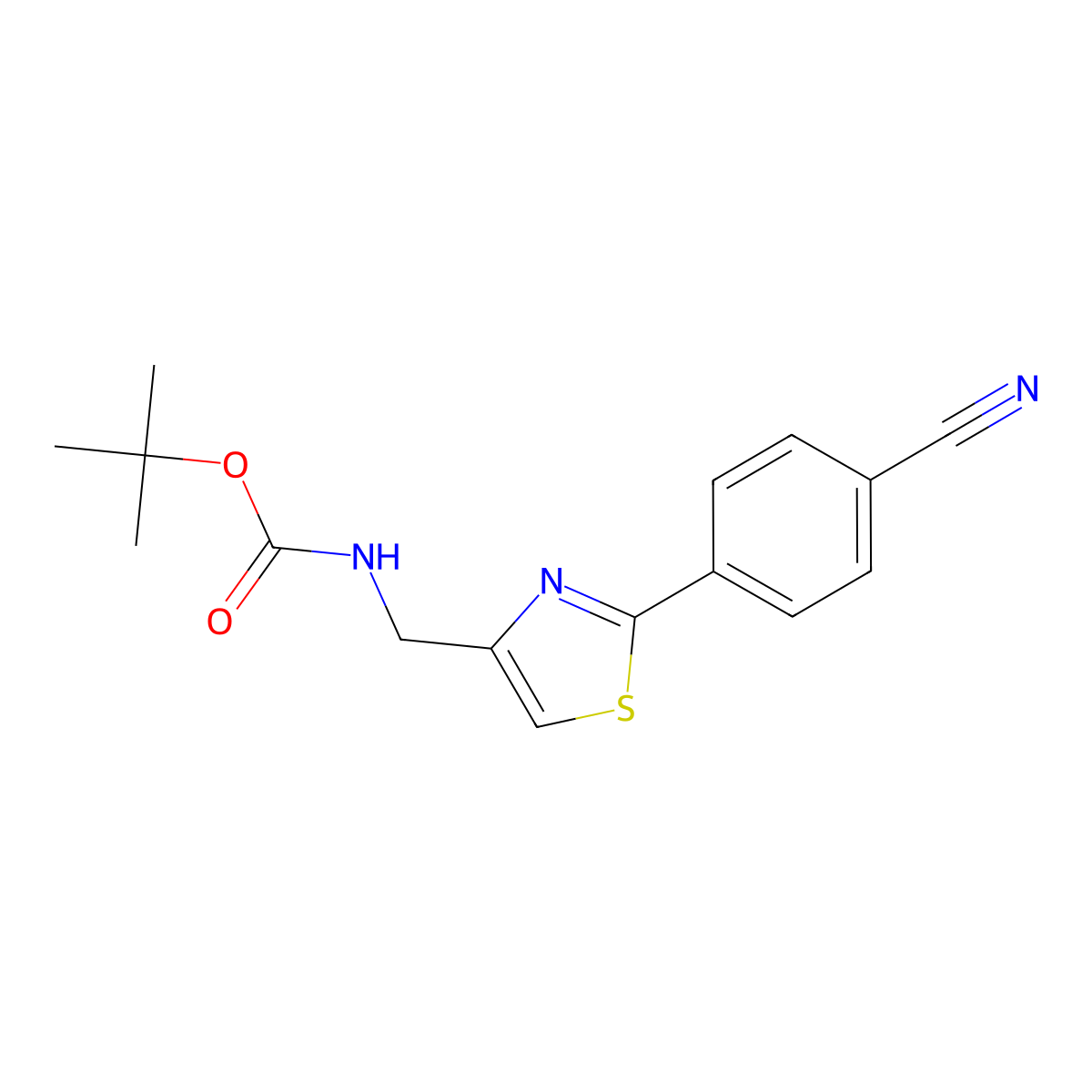 tert-butyl N-{[2-(4-cyanophenyl)-1,3-thiazol-4-yl]methyl}carbamate molecular structure, CAS 2680820-44-2