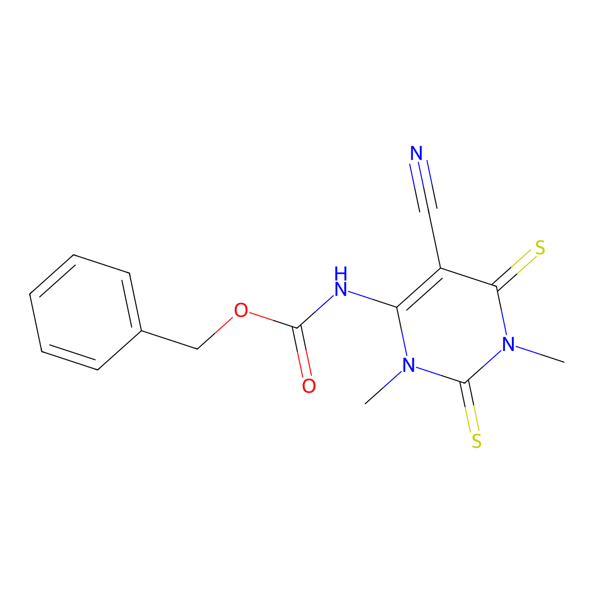 benzyl N-(5-cyano-1,3-dimethyl-2,6-disulfanylidene-1,2,3,6-tetrahydropyrimidin-4-yl)carbamate molecular structure, CAS 2680821-18-3