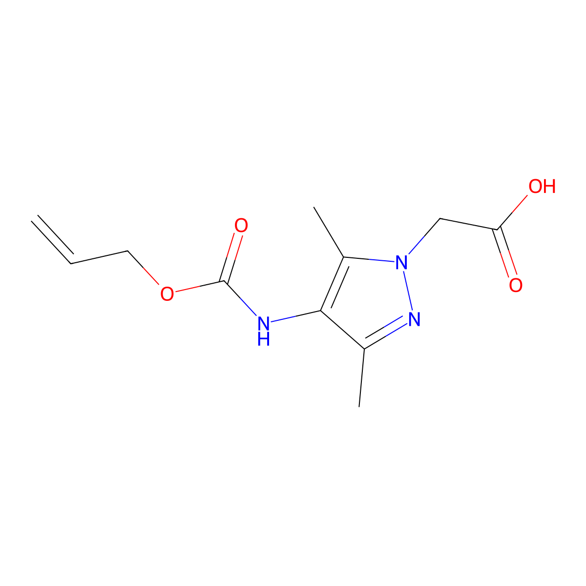 2-(3,5-dimethyl-4-{[(prop-2-en-1-yloxy)carbonyl]amino}-1H-pyrazol-1-yl)acetic acid molecular structure, CAS 2680821-30-9