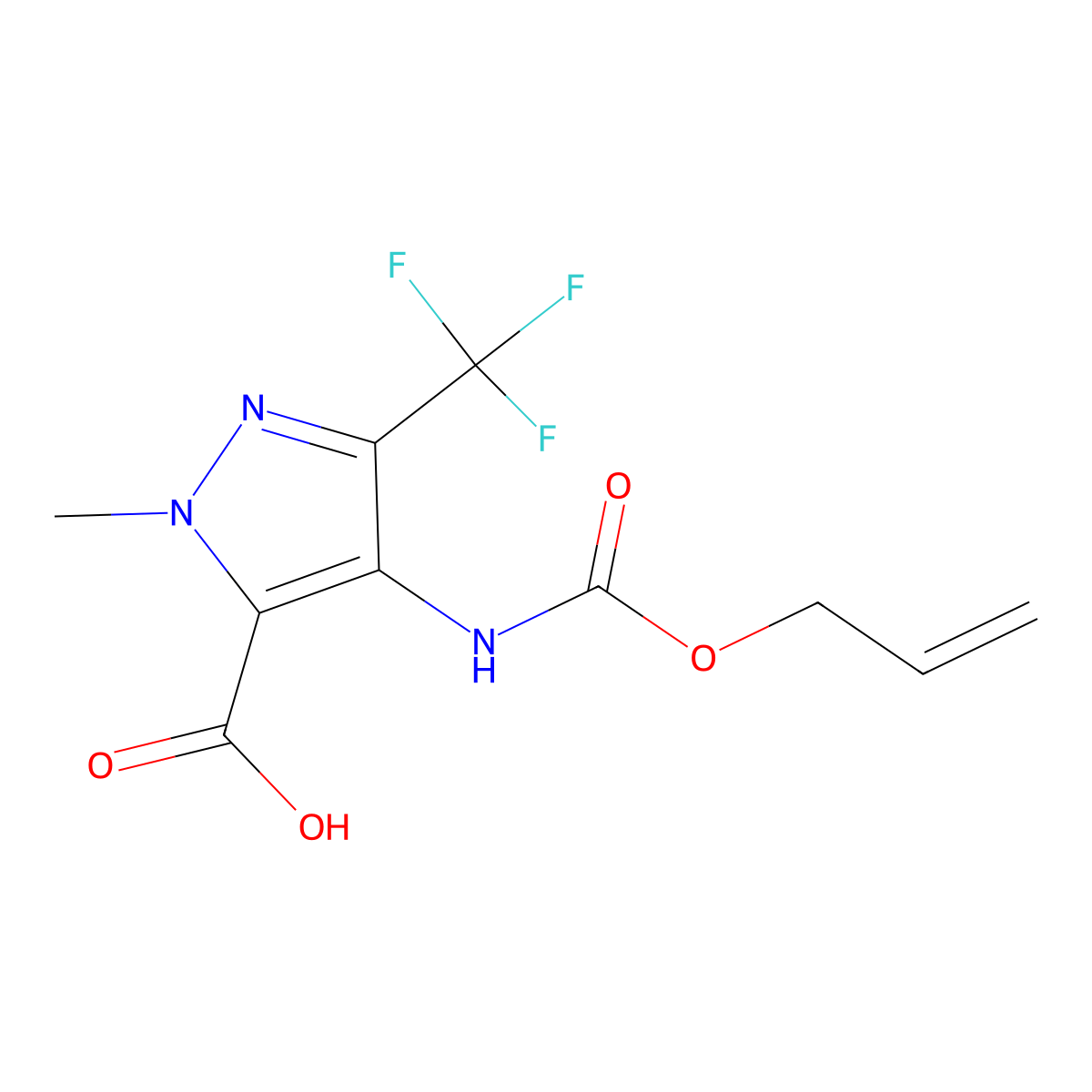 1-methyl-4-{[(prop-2-en-1-yloxy)carbonyl]amino}-3-(trifluoromethyl)-1H-pyrazole-5-carboxylic acid molecular structure, CAS 2680822-13-1