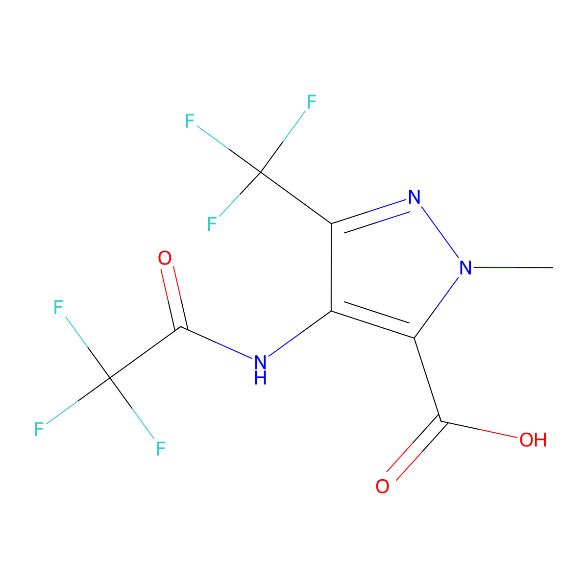 1-methyl-4-(2,2,2-trifluoroacetamido)-3-(trifluoromethyl)-1H-pyrazole-5-carboxylic acid molecular structure, CAS 2680824-18-2