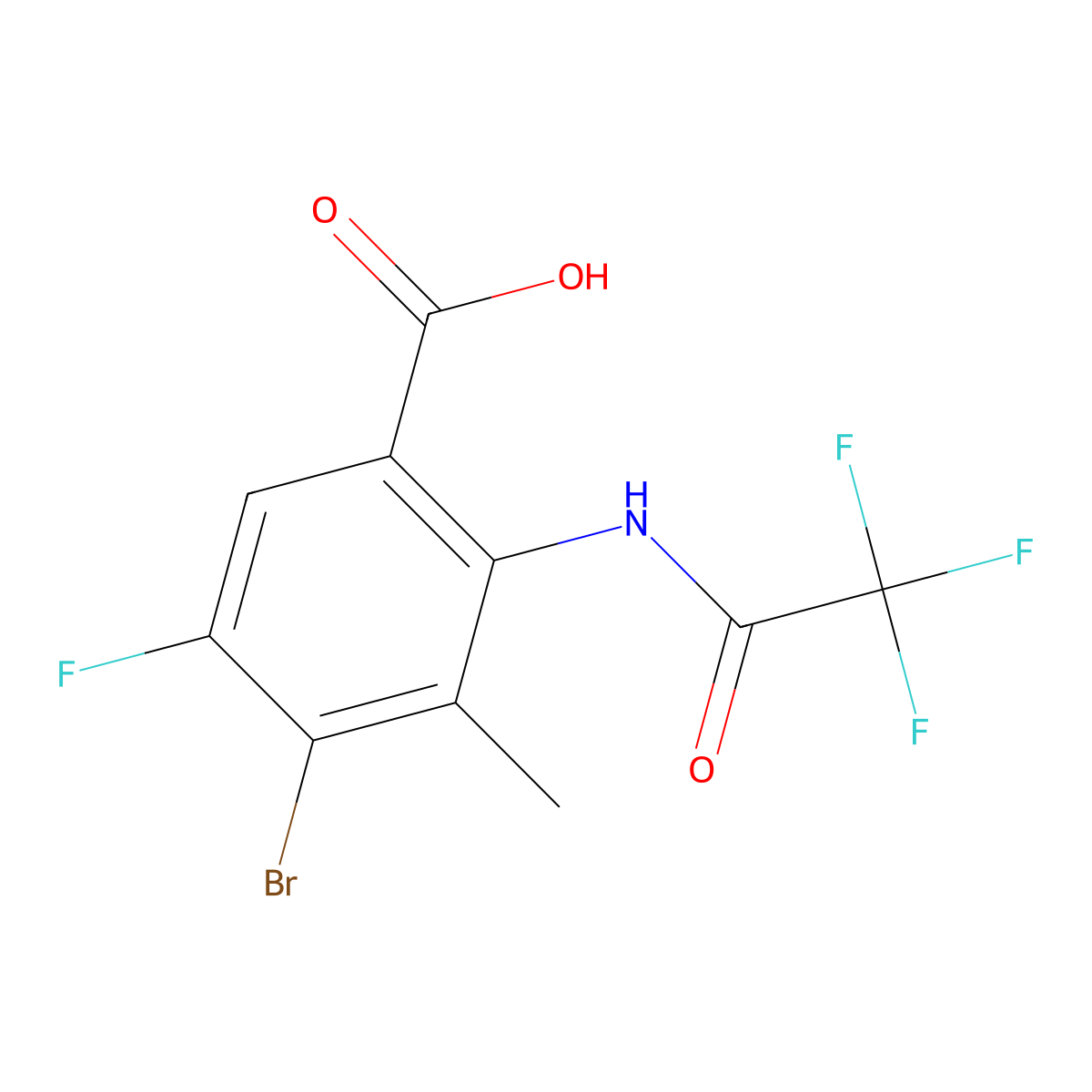 4-Bromo-5-fluoro-3-methyl-2-(2,2,2-trifluoroacetamido)benzoic acid molecular structure, CAS 2680824-44-4
