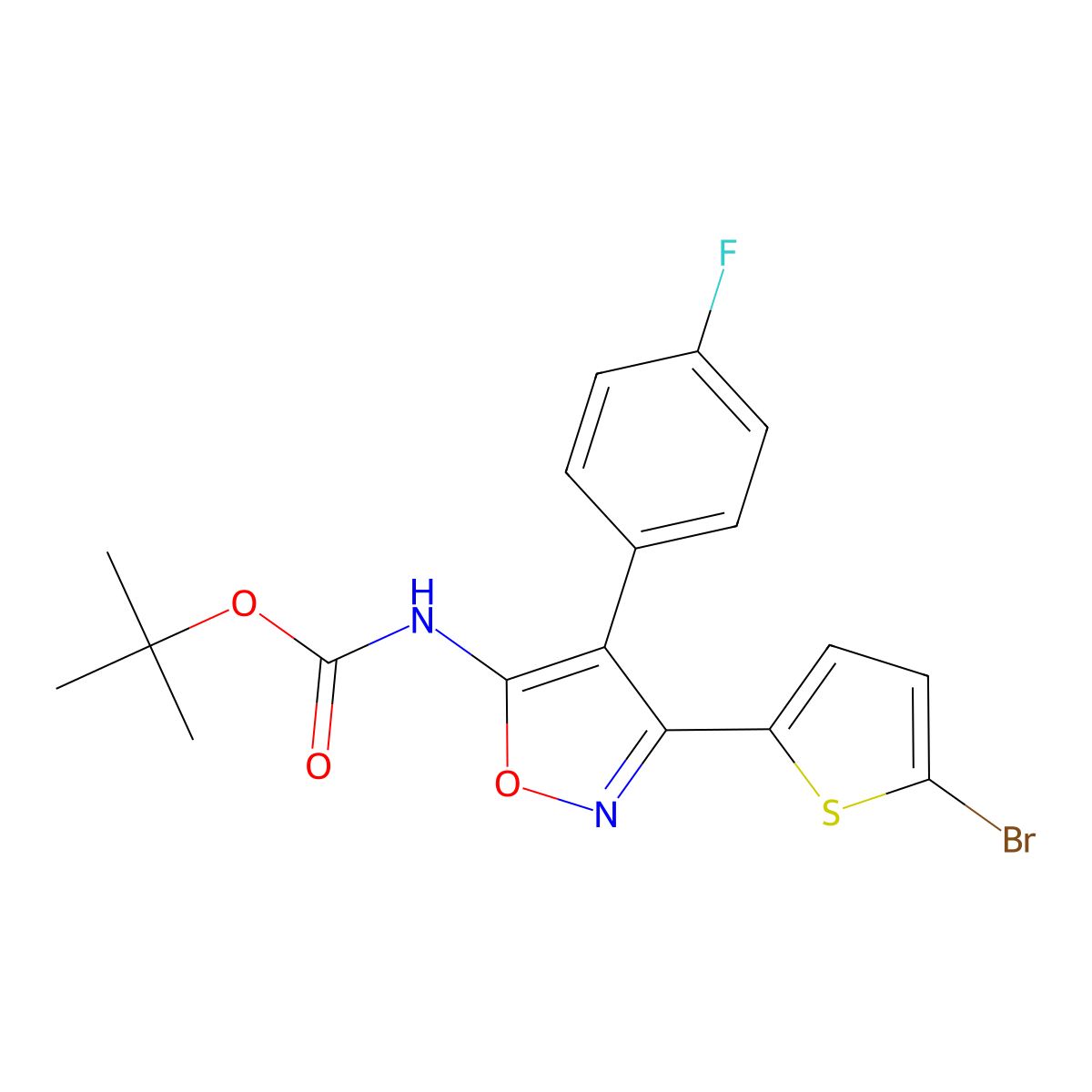 tert-butyl N-[3-(5-bromothiophen-2-yl)-4-(4-fluorophenyl)-1,2-oxazol-5-yl]carbamate molecular structure, CAS 2680824-48-8