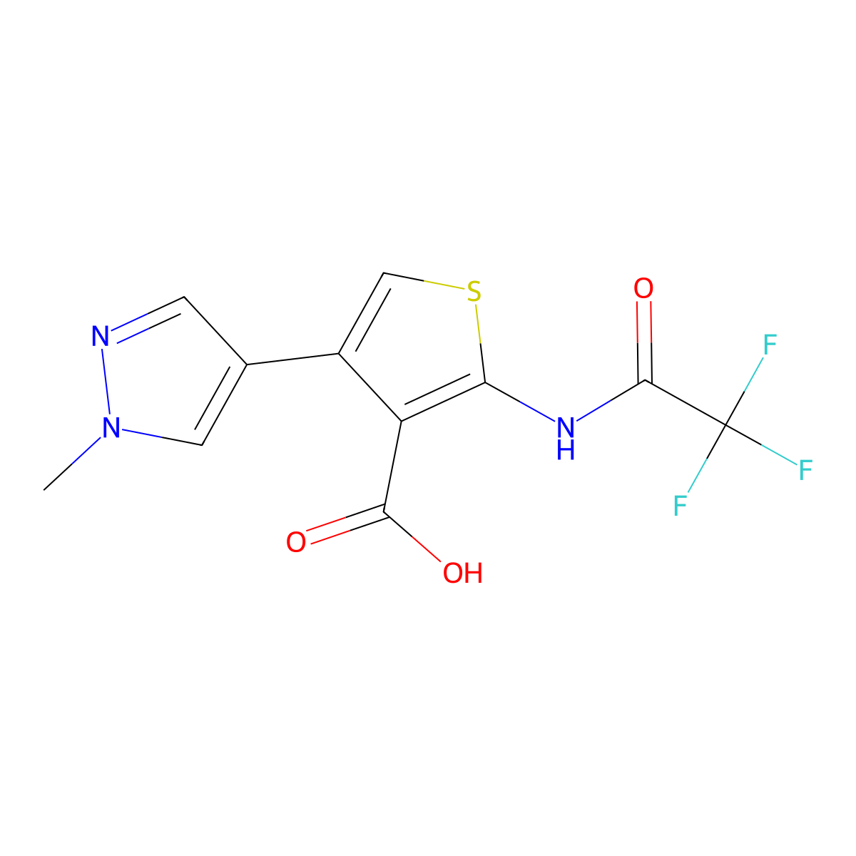 4-(1-methyl-1H-pyrazol-4-yl)-2-(2,2,2-trifluoroacetamido)thiophene-3-carboxylic acid molecular structure, CAS 2680825-66-3