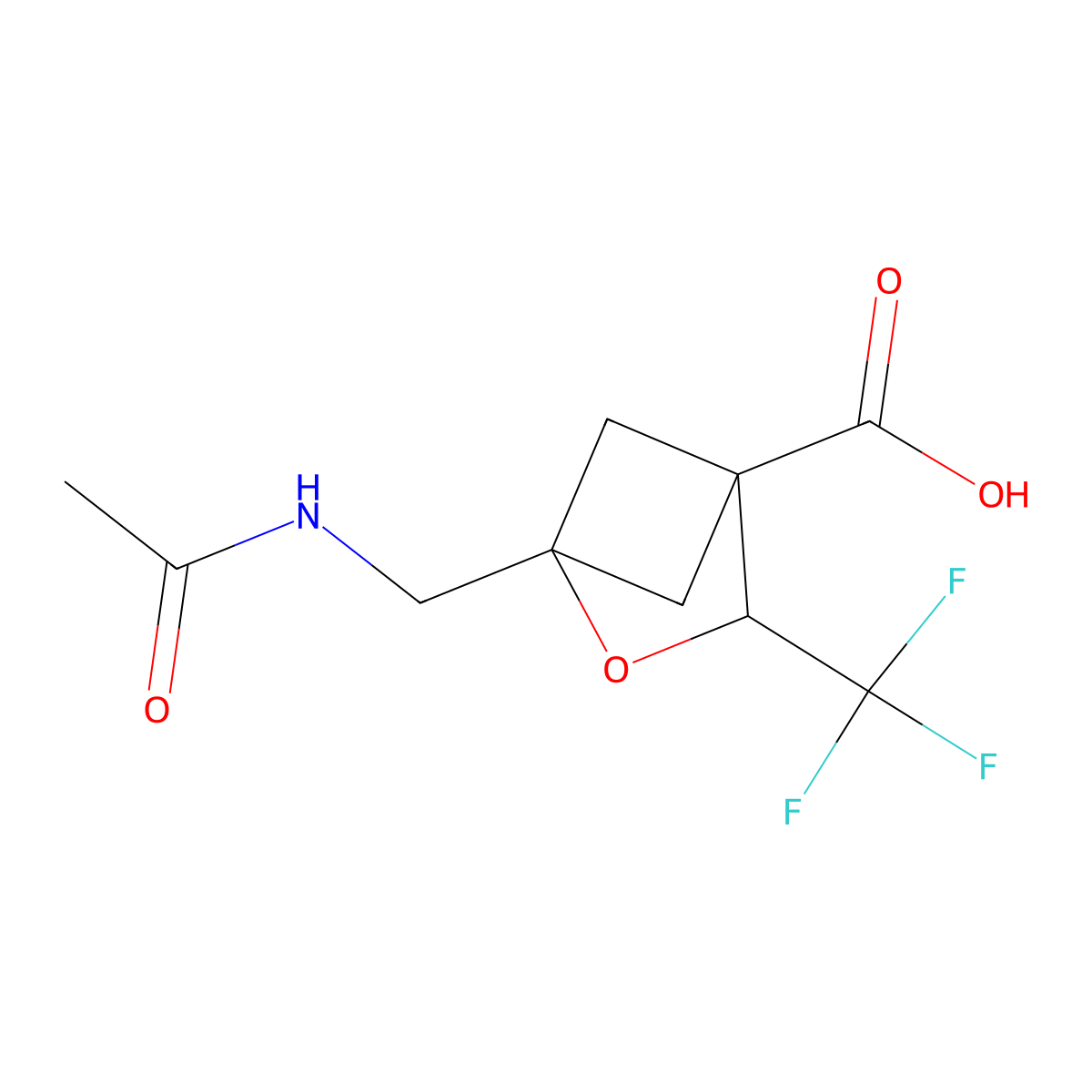 1-(Acetamidomethyl)-3-(trifluoromethyl)-2-oxabicyclo[2.1.1]hexane-4-carboxylic acid molecular structure, CAS 2680825-68-5