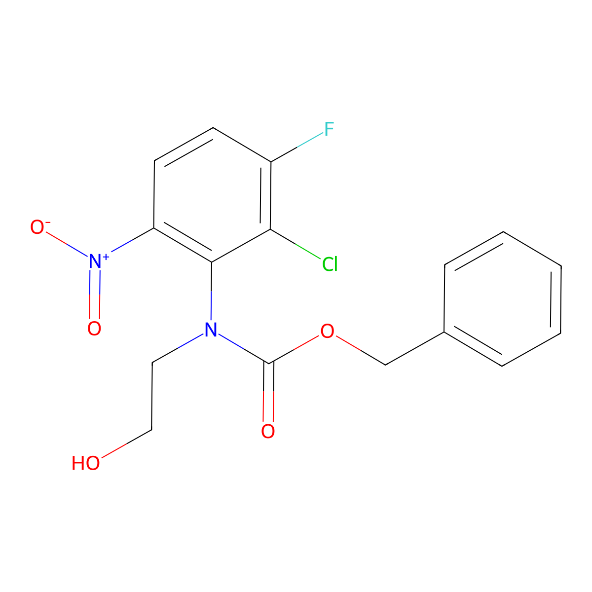 benzyl N-(2-chloro-3-fluoro-6-nitrophenyl)-N-(2-hydroxyethyl)carbamate molecular structure, CAS 2680826-09-7