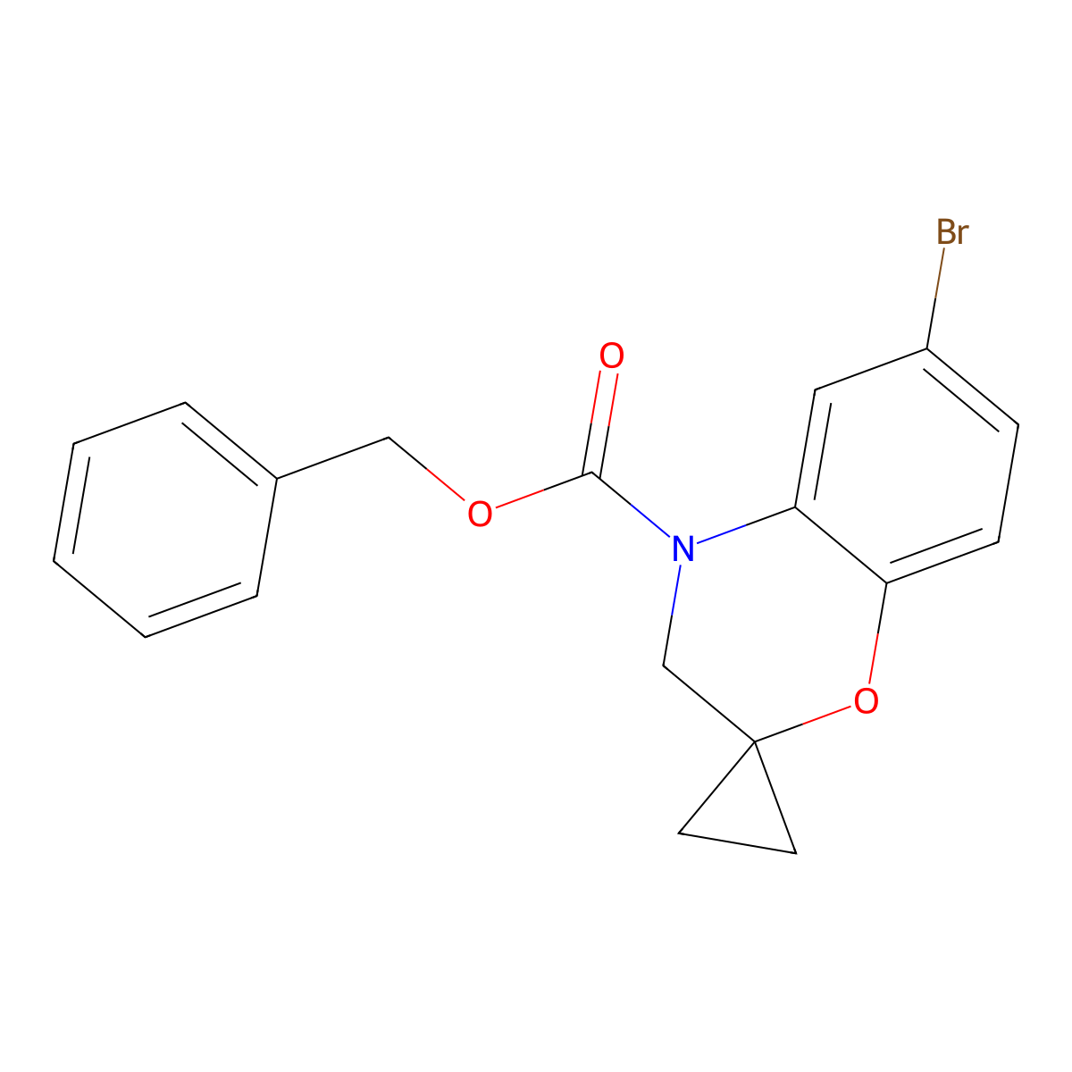 Benzyl 6-bromo-3,4-dihydrospiro[1,4-benzoxazine-2,1'-cyclopropane]-4-carboxylate molecular structure, CAS 2680826-21-3