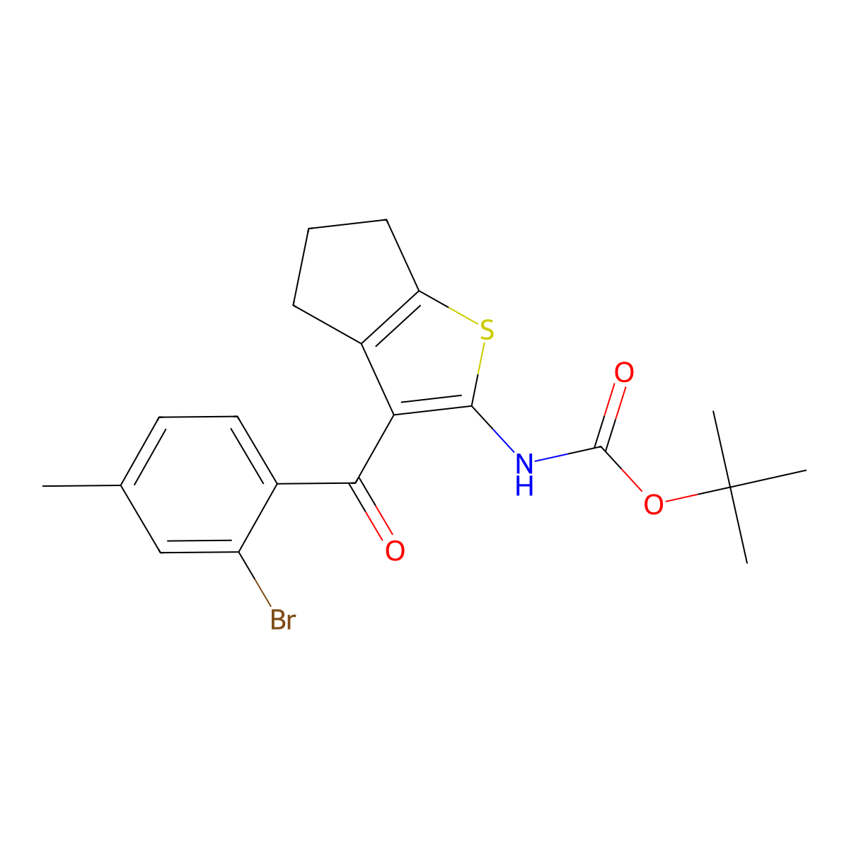 tert-butyl N-[3-(2-bromo-4-methylbenzoyl)-4H,5H,6H-cyclopenta[b]thiophen-2-yl]carbamate molecular structure, CAS 2680826-81-5