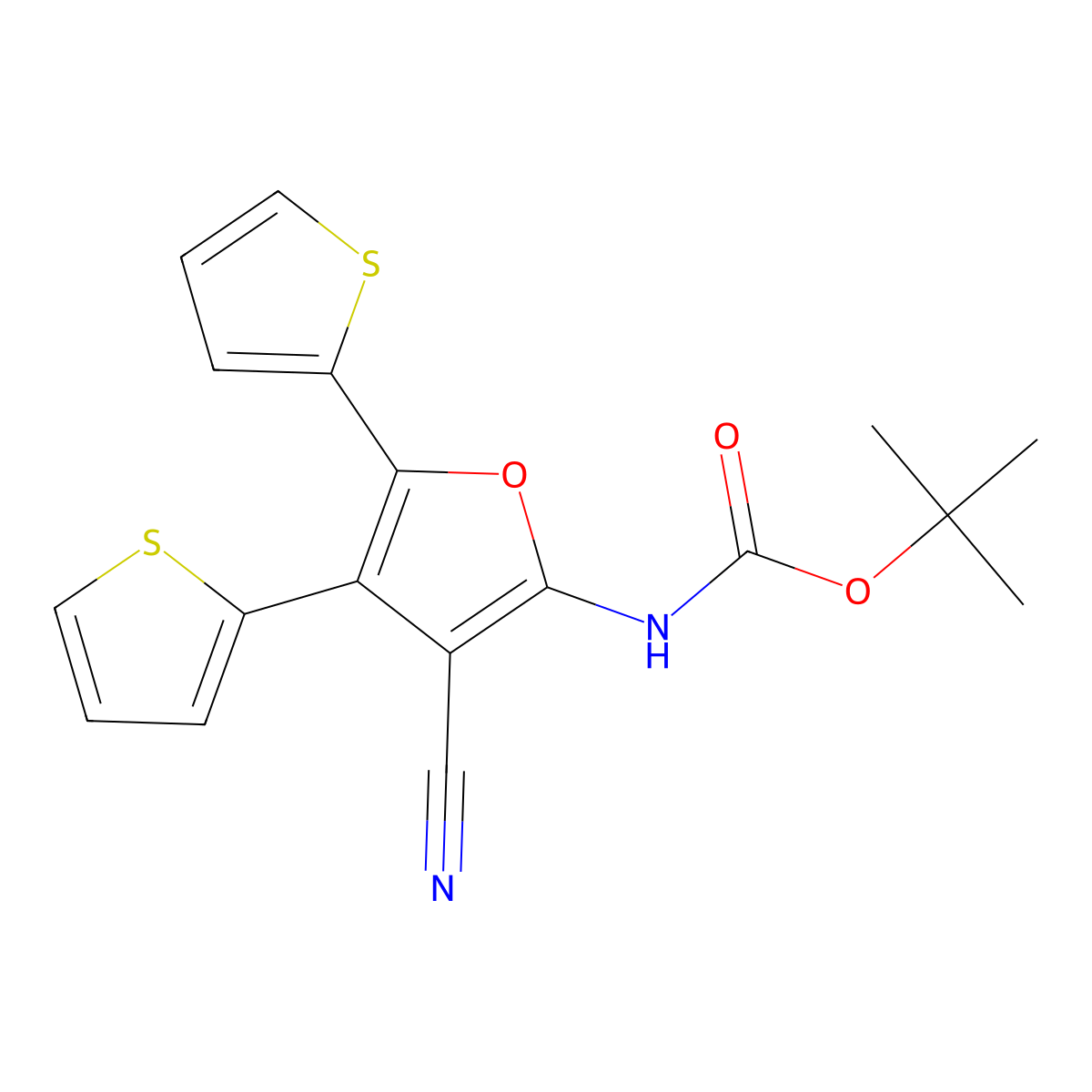 tert-butyl N-[3-cyano-4,5-bis(thiophen-2-yl)furan-2-yl]carbamate molecular structure, CAS 2680827-51-2