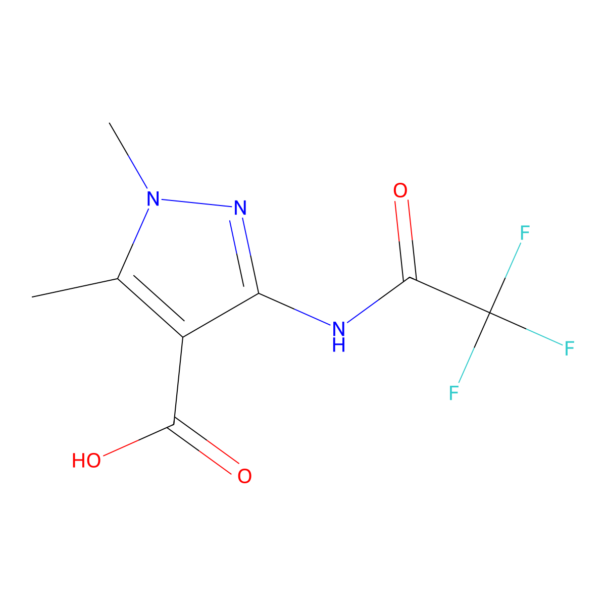 1,5-dimethyl-3-(2,2,2-trifluoroacetamido)-1H-pyrazole-4-carboxylic acid molecular structure, CAS 2680828-03-7