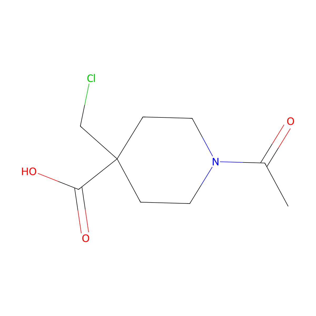 1-Acetyl-4-(chloromethyl)piperidine-4-carboxylic acid molecular structure, CAS 2680830-11-7