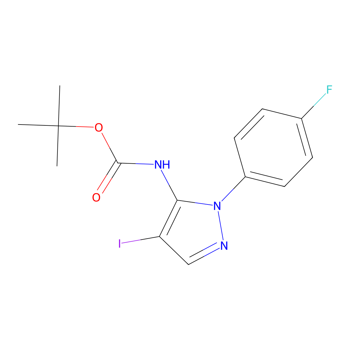 tert-butyl N-[1-(4-fluorophenyl)-4-iodo-1H-pyrazol-5-yl]carbamate molecular structure, CAS 2680830-28-6