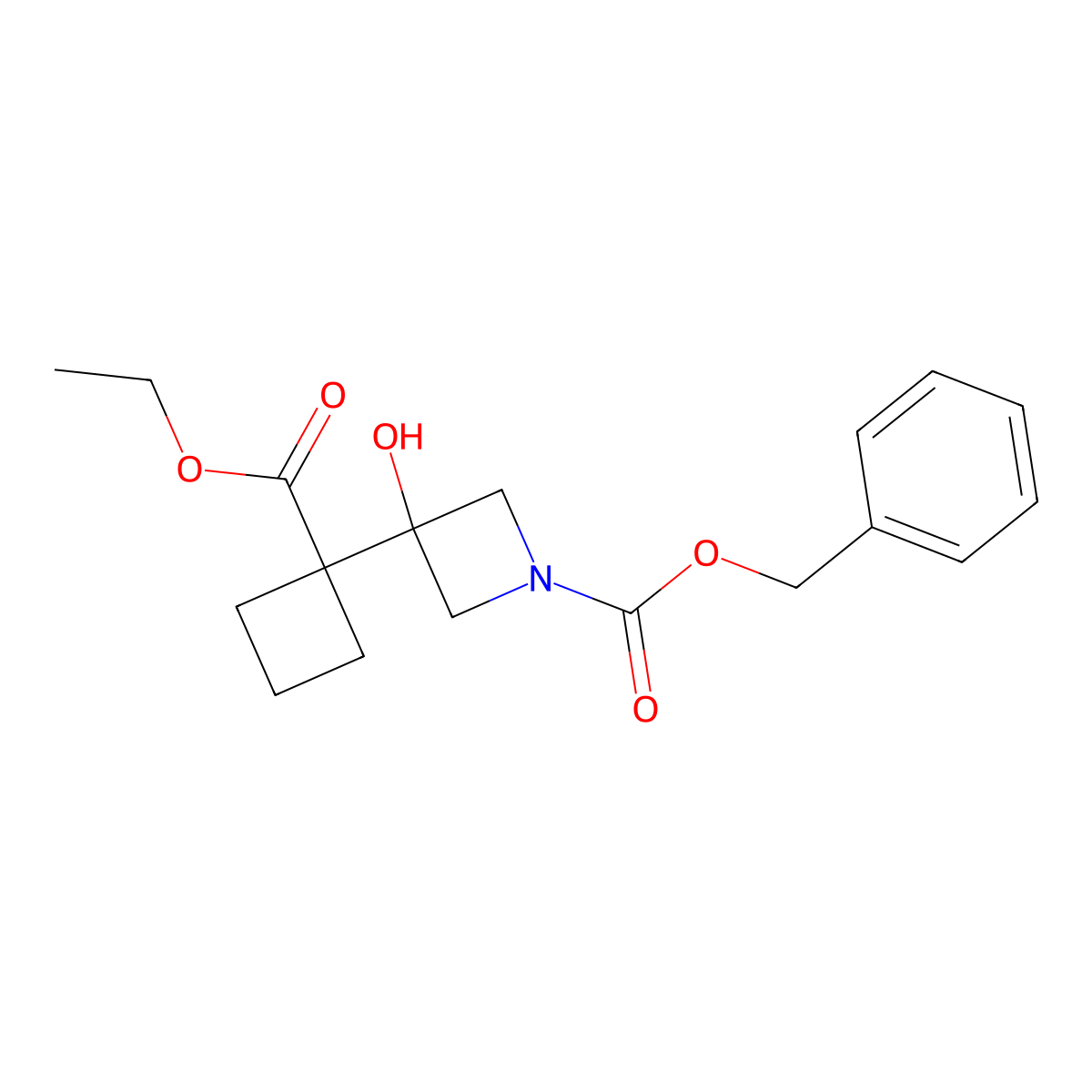 Benzyl 3-[1-(ethoxycarbonyl)cyclobutyl]-3-hydroxyazetidine-1-carboxylate molecular structure, CAS 2680830-53-7