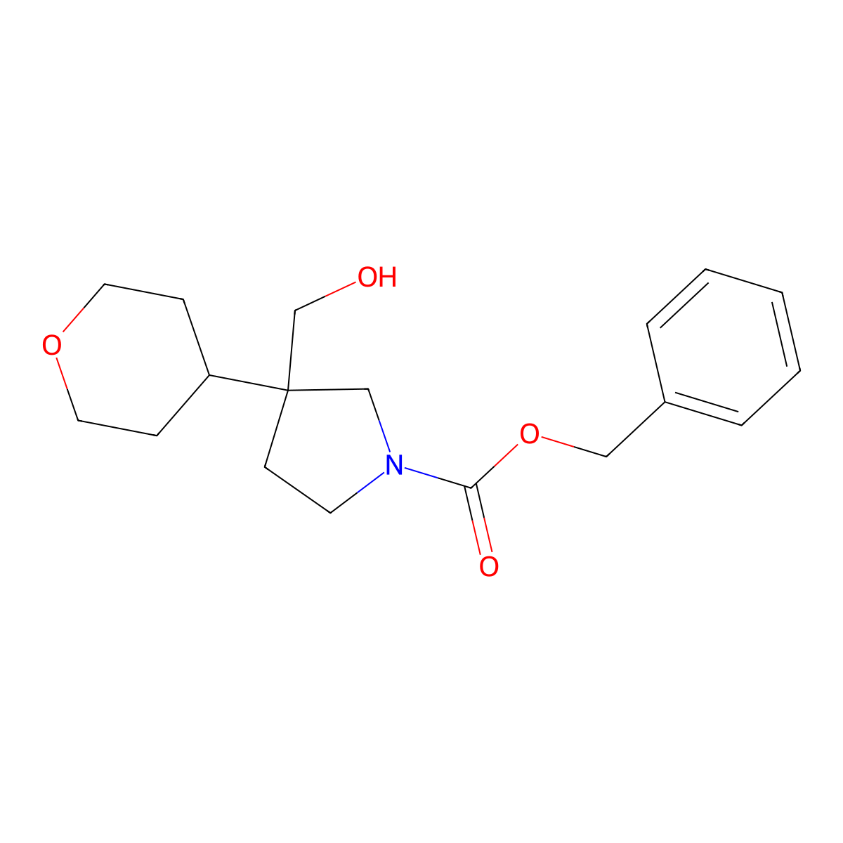Benzyl 3-(hydroxymethyl)-3-(oxan-4-yl)pyrrolidine-1-carboxylate molecular structure, CAS 2680832-18-0