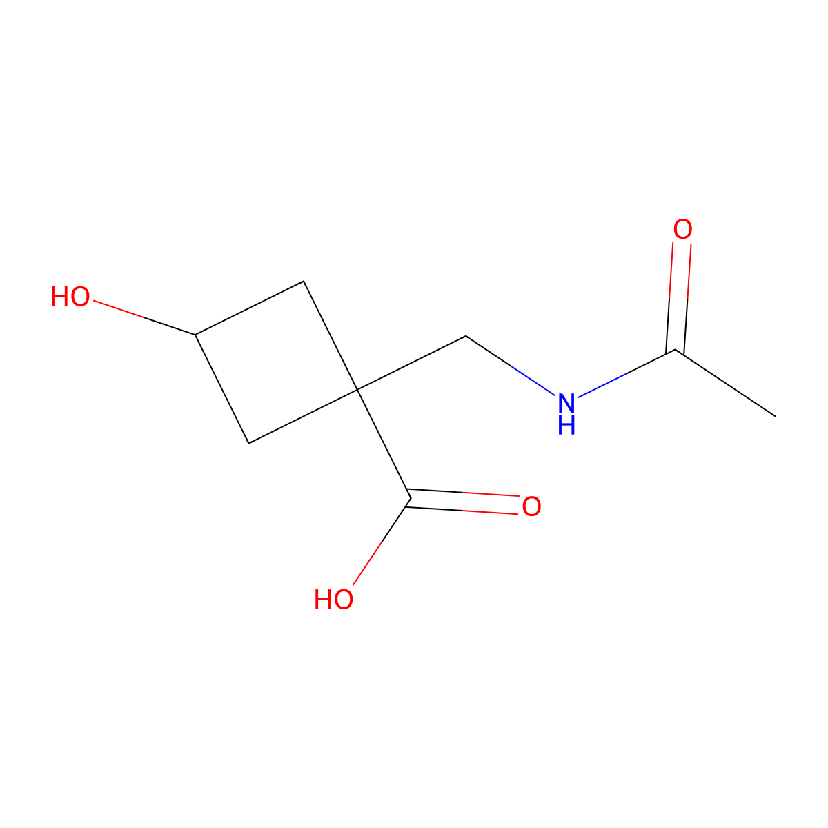 1-(Acetamidomethyl)-3-hydroxycyclobutane-1-carboxylic acid molecular structure, CAS 2680832-20-4