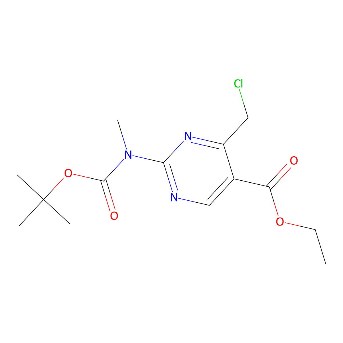 Ethyl 2-{[(tert-butoxy)carbonyl](methyl)amino}-4-(chloromethyl)pyrimidine-5-carboxylate molecular structure, CAS 2680832-37-3