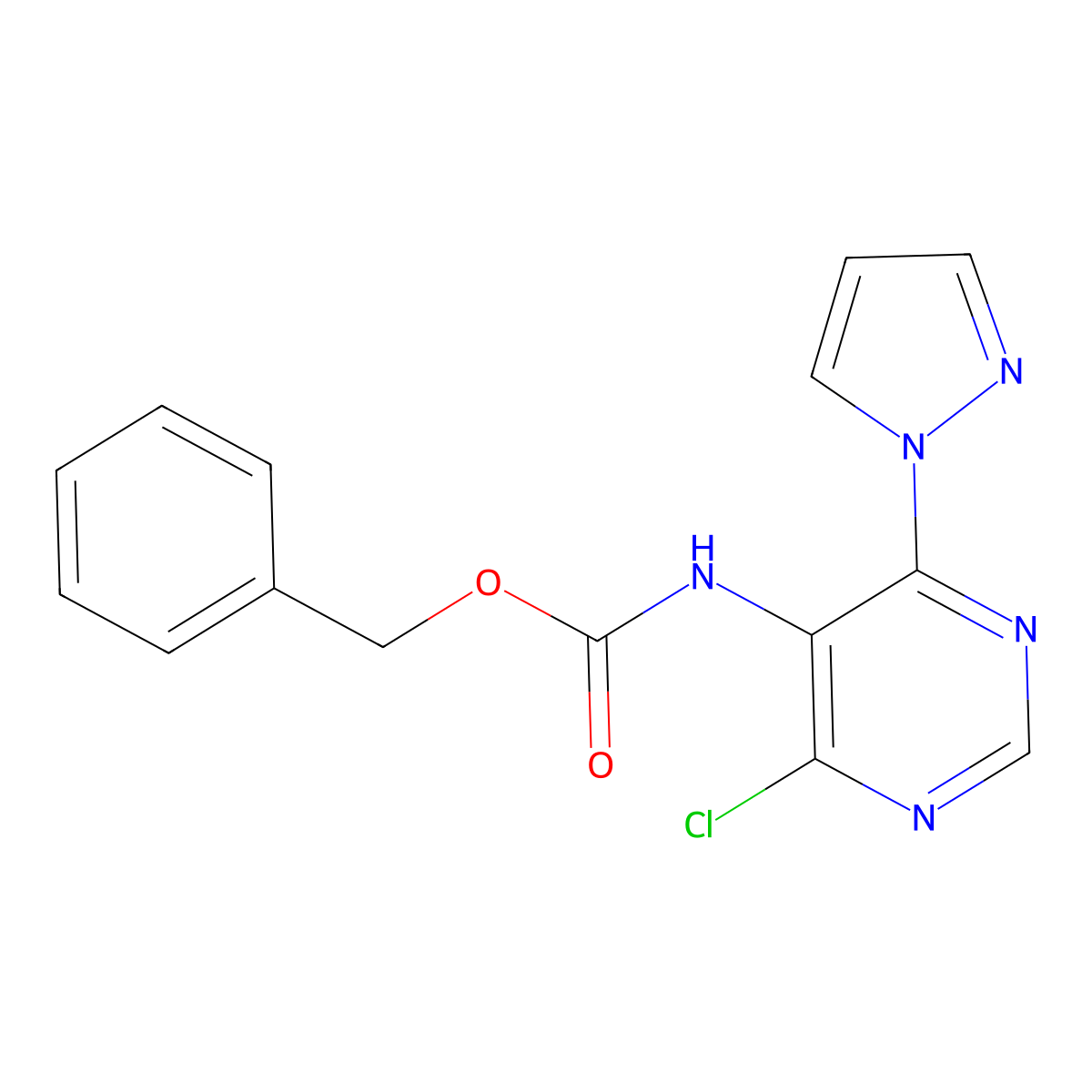 benzyl N-[4-chloro-6-(1H-pyrazol-1-yl)pyrimidin-5-yl]carbamate molecular structure, CAS 2680832-54-4