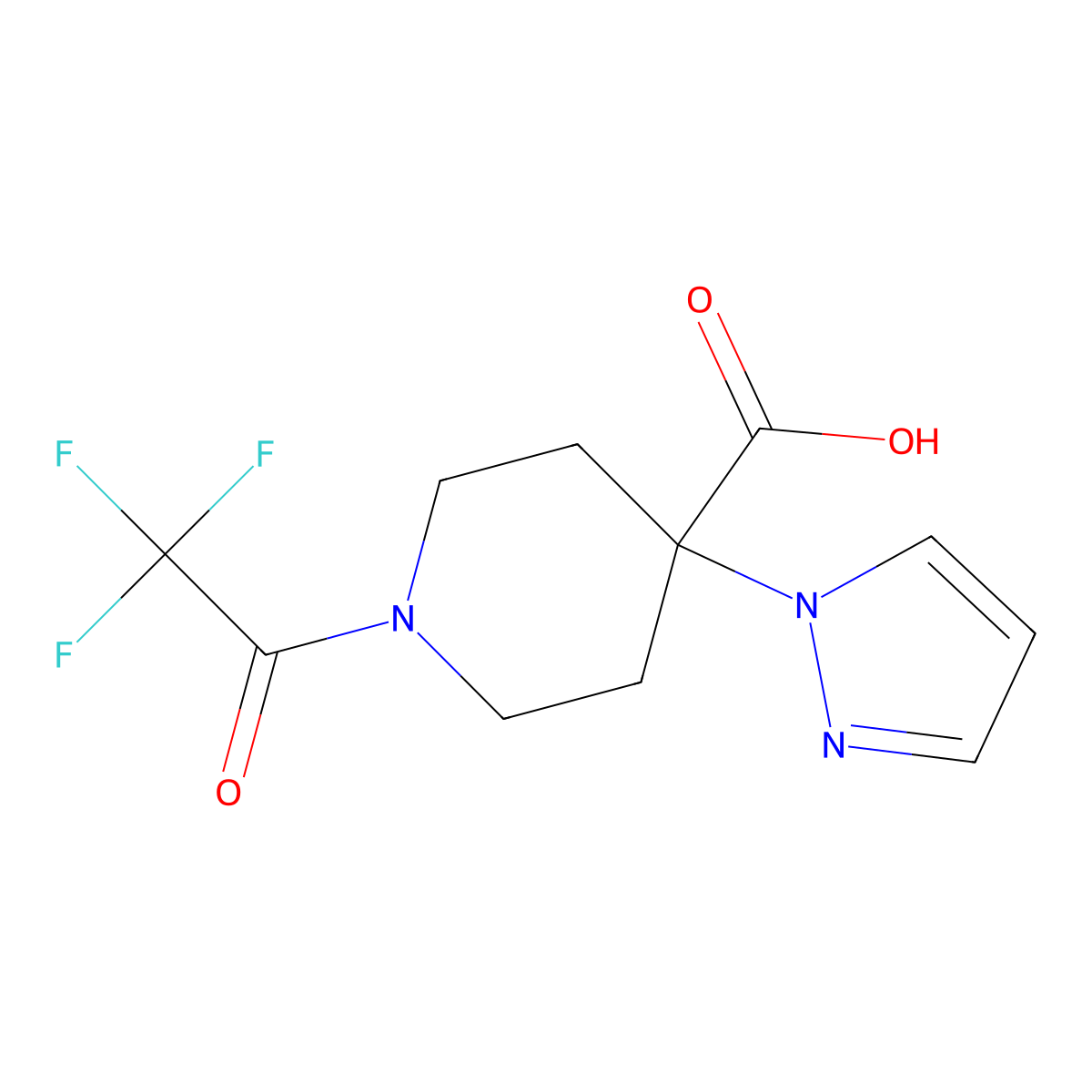 4-(1H-pyrazol-1-yl)-1-(2,2,2-trifluoroacetyl)piperidine-4-carboxylic acid molecular structure, CAS 2680832-74-8