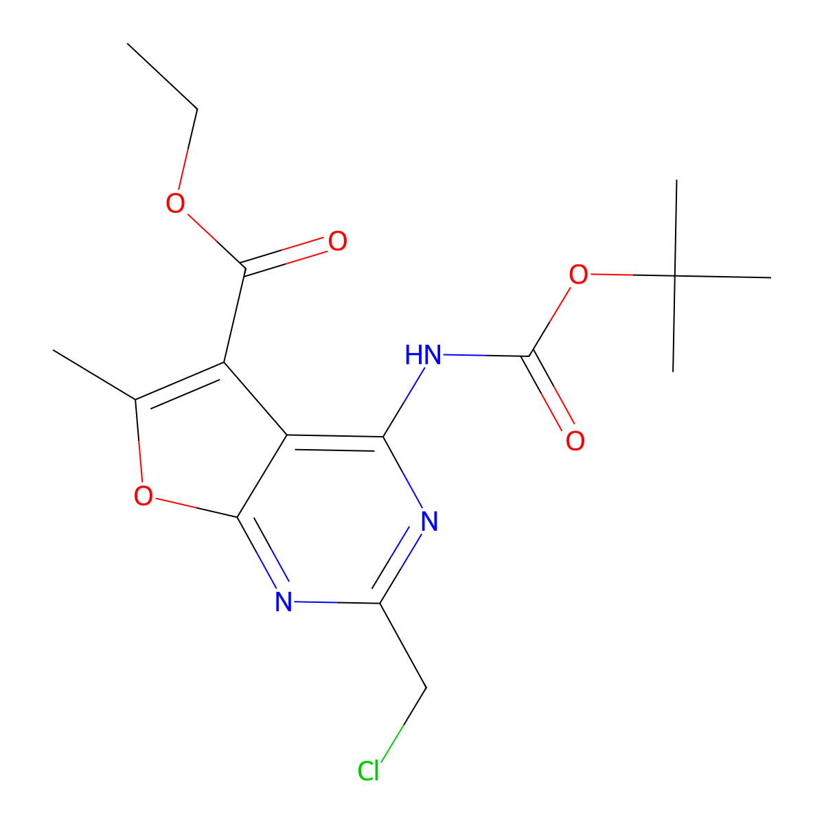 Ethyl 4-{[(tert-butoxy)carbonyl]amino}-2-(chloromethyl)-6-methylfuro[2,3-d]pyrimidine-5-carboxylate molecular structure, CAS 2680833-36-5