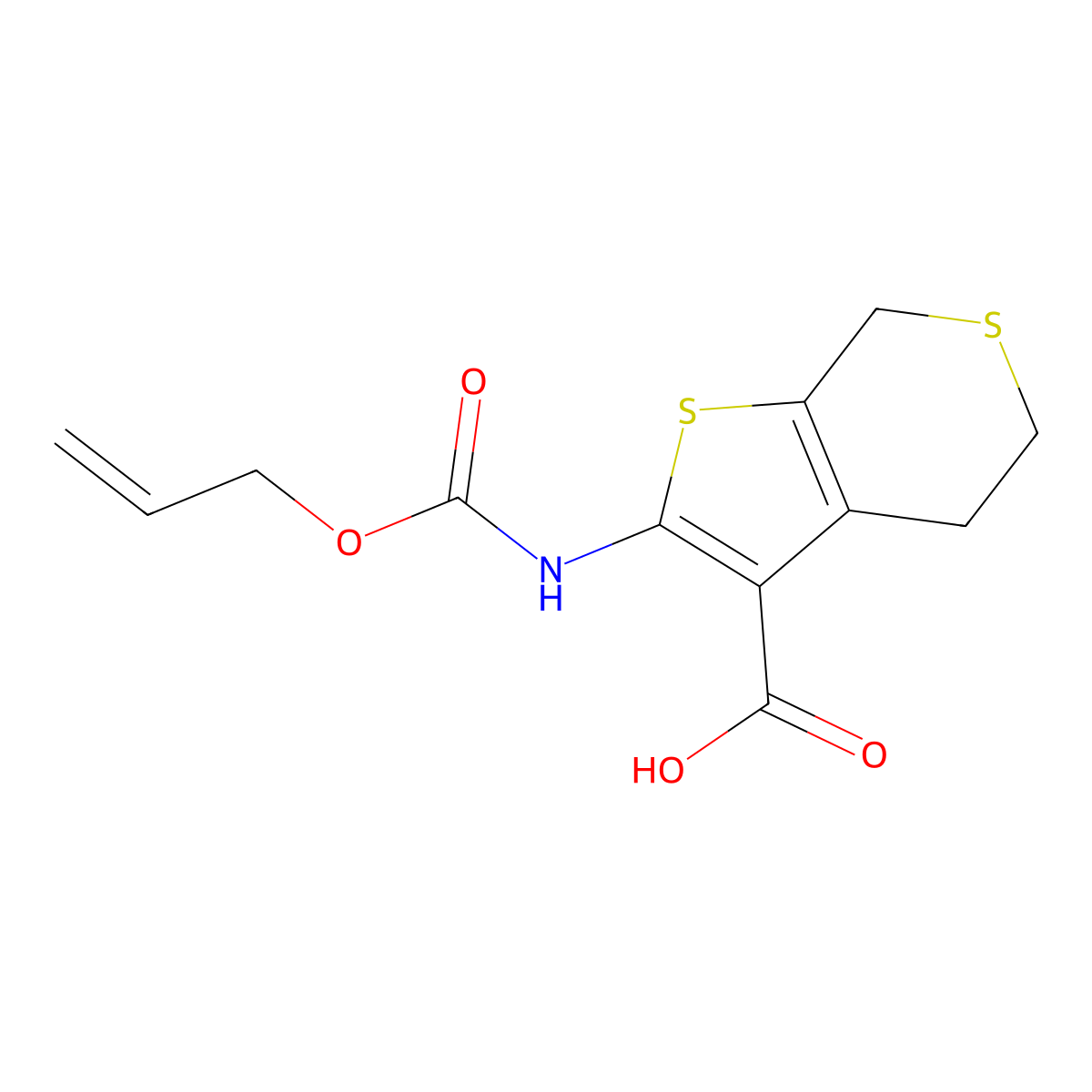 2-{[(prop-2-en-1-yloxy)carbonyl]amino}-4H,5H,7H-thieno[2,3-c]thiopyran-3-carboxylic acid molecular structure, CAS 2680834-58-4