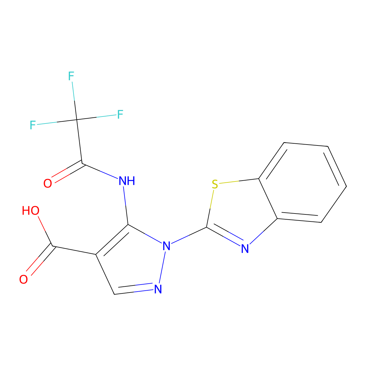 1-(1,3-benzothiazol-2-yl)-5-(2,2,2-trifluoroacetamido)-1H-pyrazole-4-carboxylic acid molecular structure, CAS 2680835-09-8