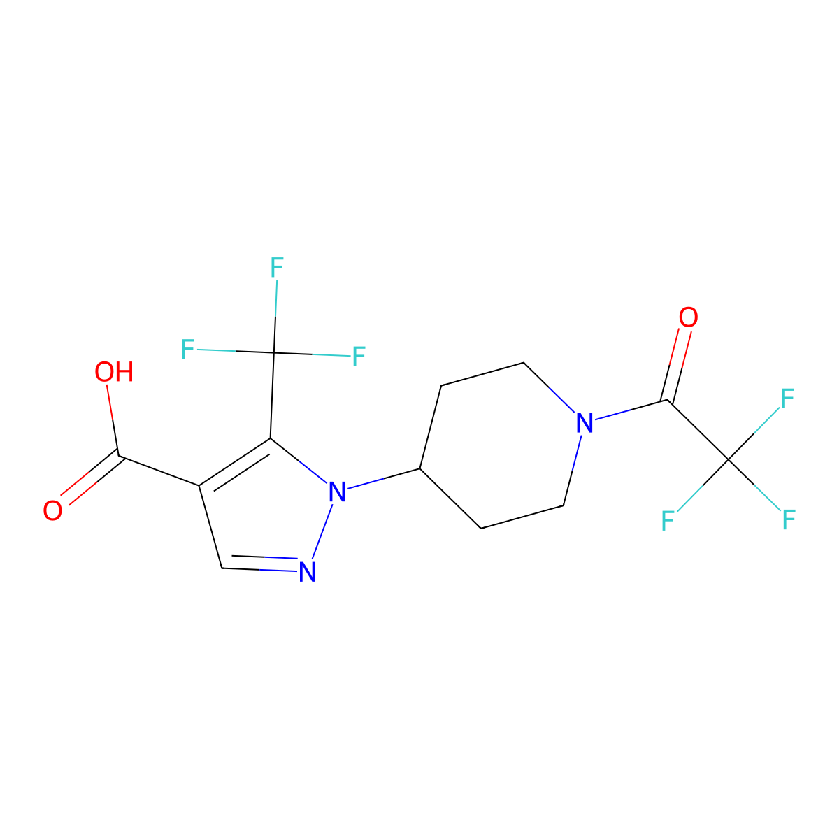 1-[1-(2,2,2-trifluoroacetyl)piperidin-4-yl]-5-(trifluoromethyl)-1H-pyrazole-4-carboxylic acid molecular structure, CAS 2680835-35-0