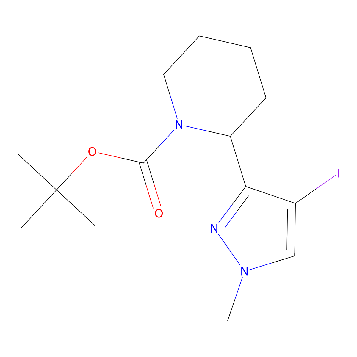 tert-butyl 2-(4-iodo-1-methyl-1H-pyrazol-3-yl)piperidine-1-carboxylate molecular structure, CAS 2680836-16-0