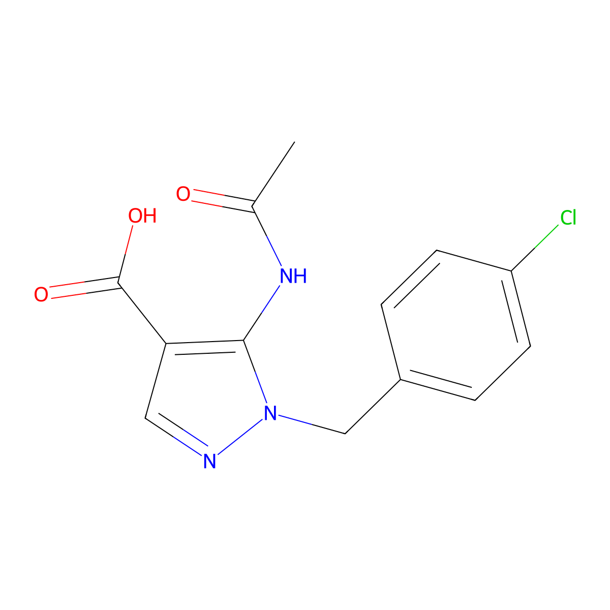 1-[(4-chlorophenyl)methyl]-5-acetamido-1H-pyrazole-4-carboxylic acid molecular structure, CAS 2680836-71-7
