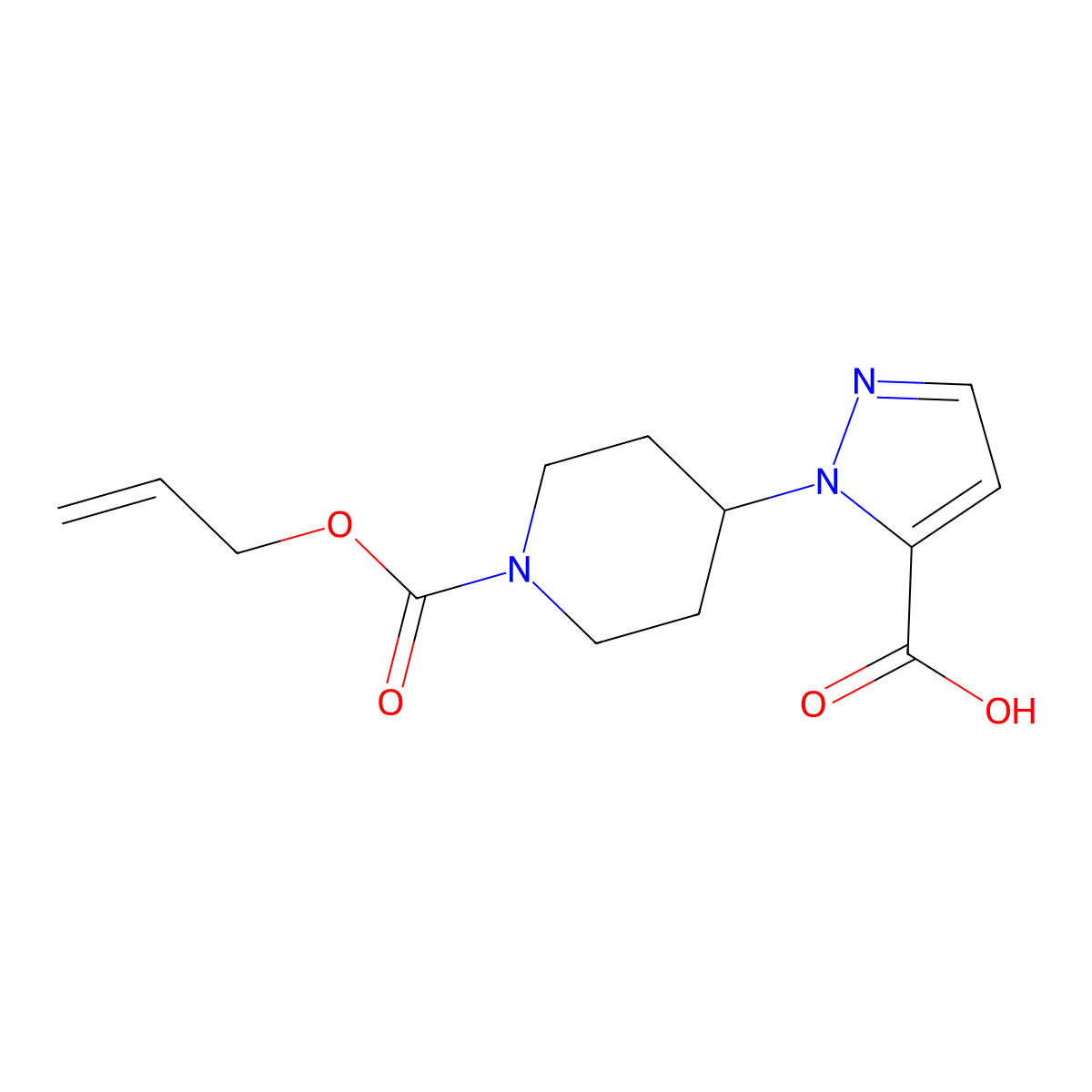 1-{1-[(prop-2-en-1-yloxy)carbonyl]piperidin-4-yl}-1H-pyrazole-5-carboxylic acid molecular structure, CAS 2680838-03-1
