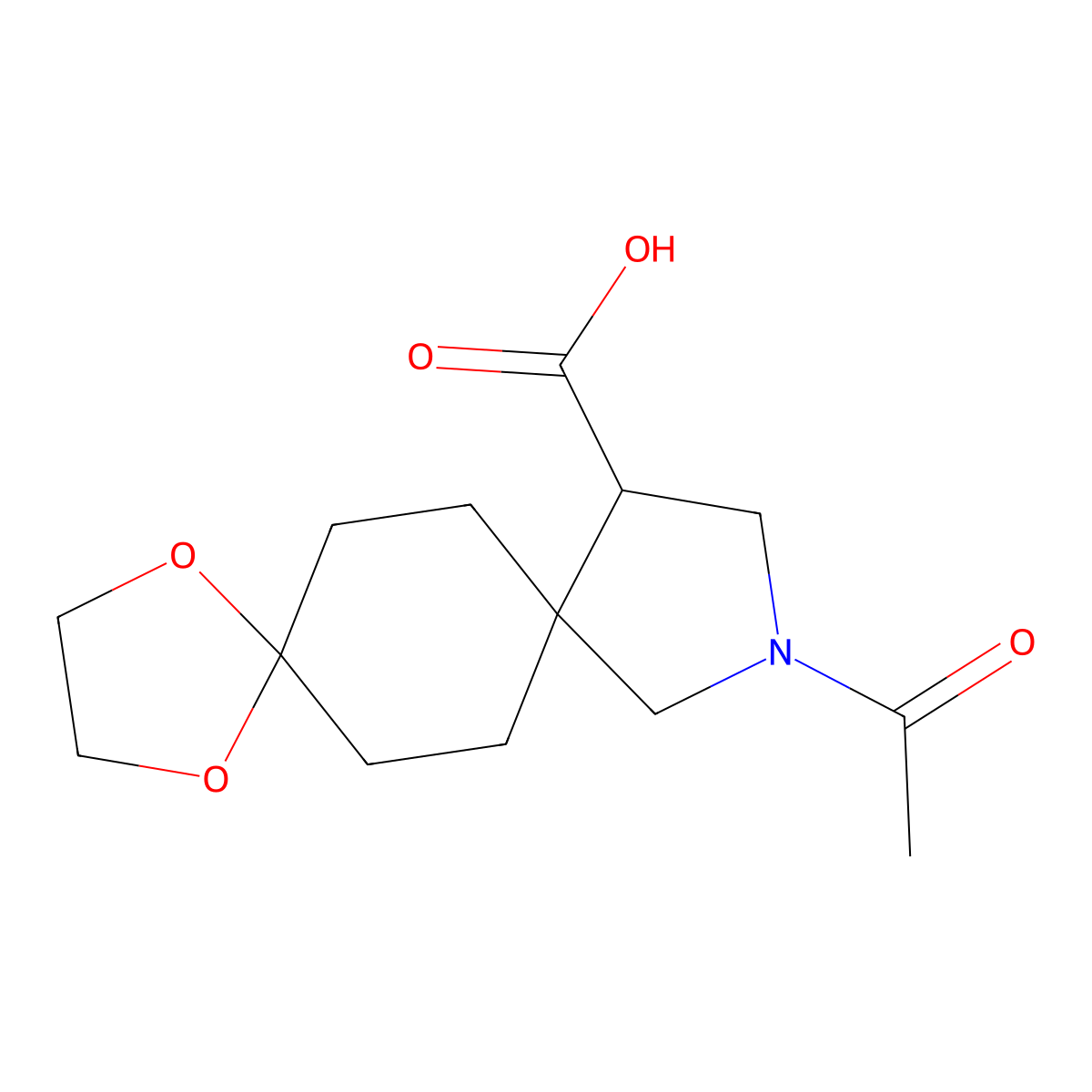 10-Acetyl-1,4-dioxa-10-azadispiro[4.2.4^{8}.2^{5}]tetradecane-12-carboxylic acid molecular structure, CAS 2680838-70-2