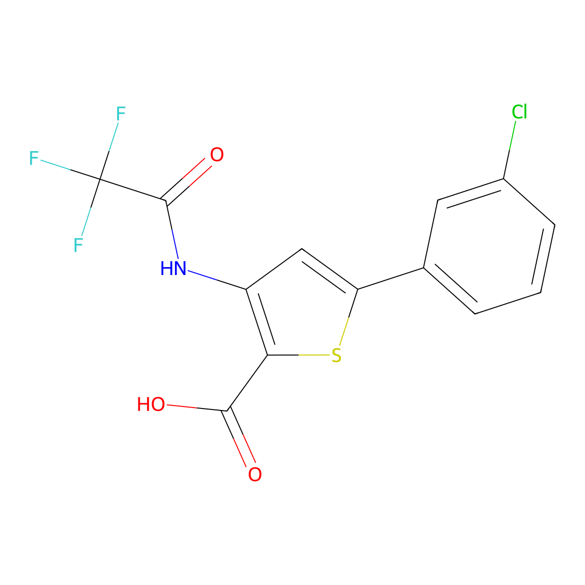 5-(3-Chlorophenyl)-3-(2,2,2-trifluoroacetamido)thiophene-2-carboxylic acid molecular structure, CAS 2680838-87-1