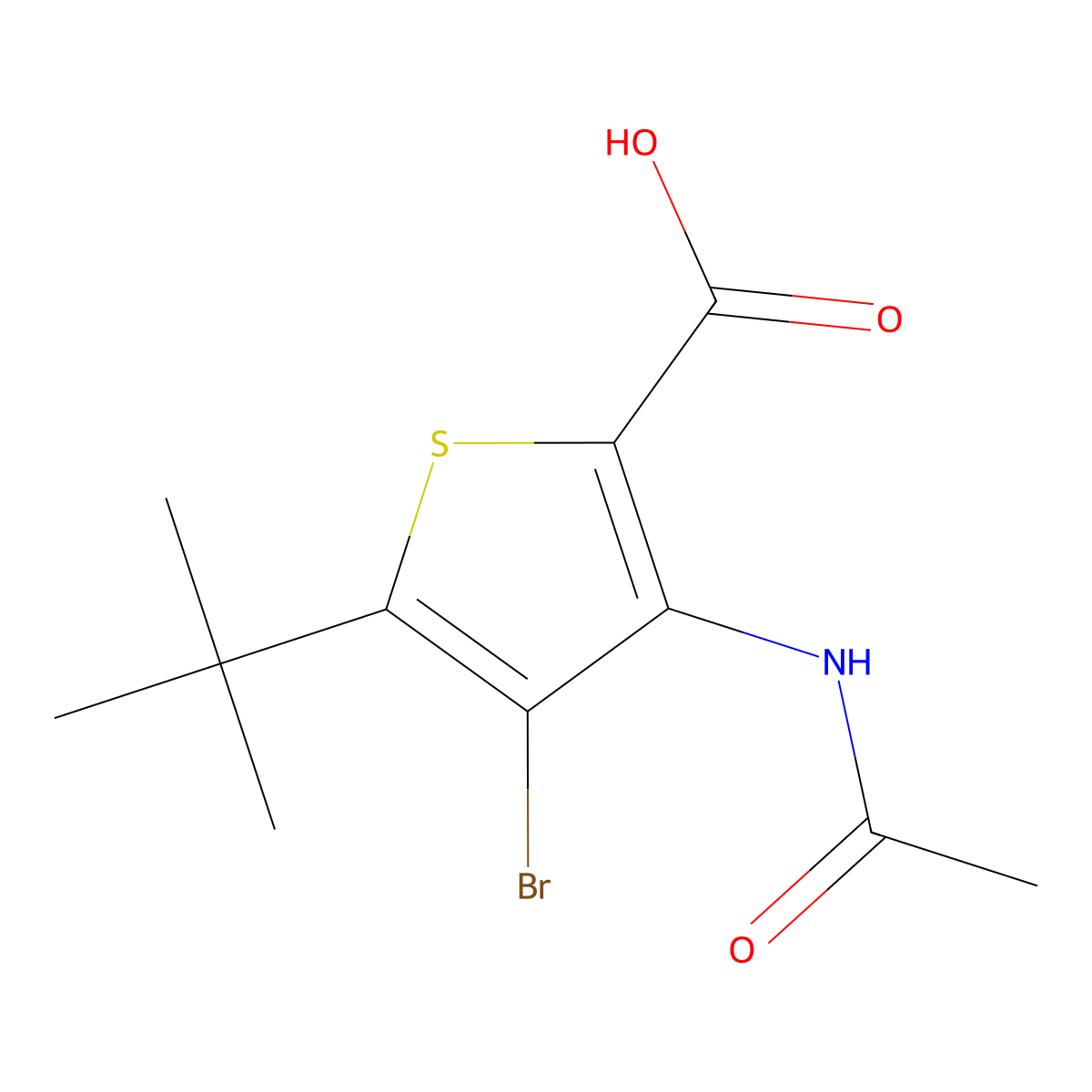 4-Bromo-5-tert-butyl-3-acetamidothiophene-2-carboxylic acid molecular structure, CAS 2680839-58-9