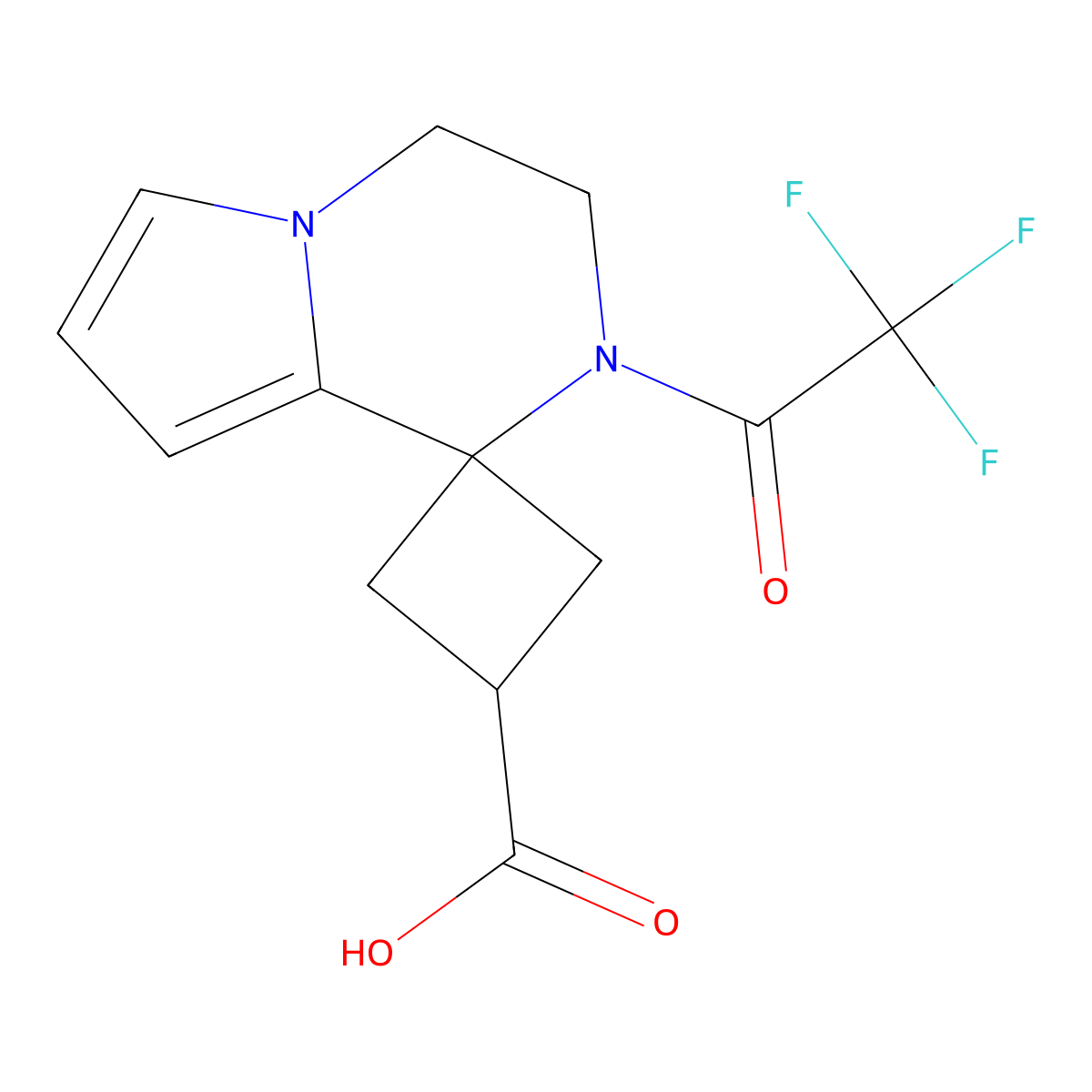 2'-(2,2,2-trifluoroacetyl)-3',4'-dihydro-2'H-spiro[cyclobutane-1,1'-pyrrolo[1,2-a]pyrazine]-3-carboxylic acid molecular structure, CAS 2680840-26-8