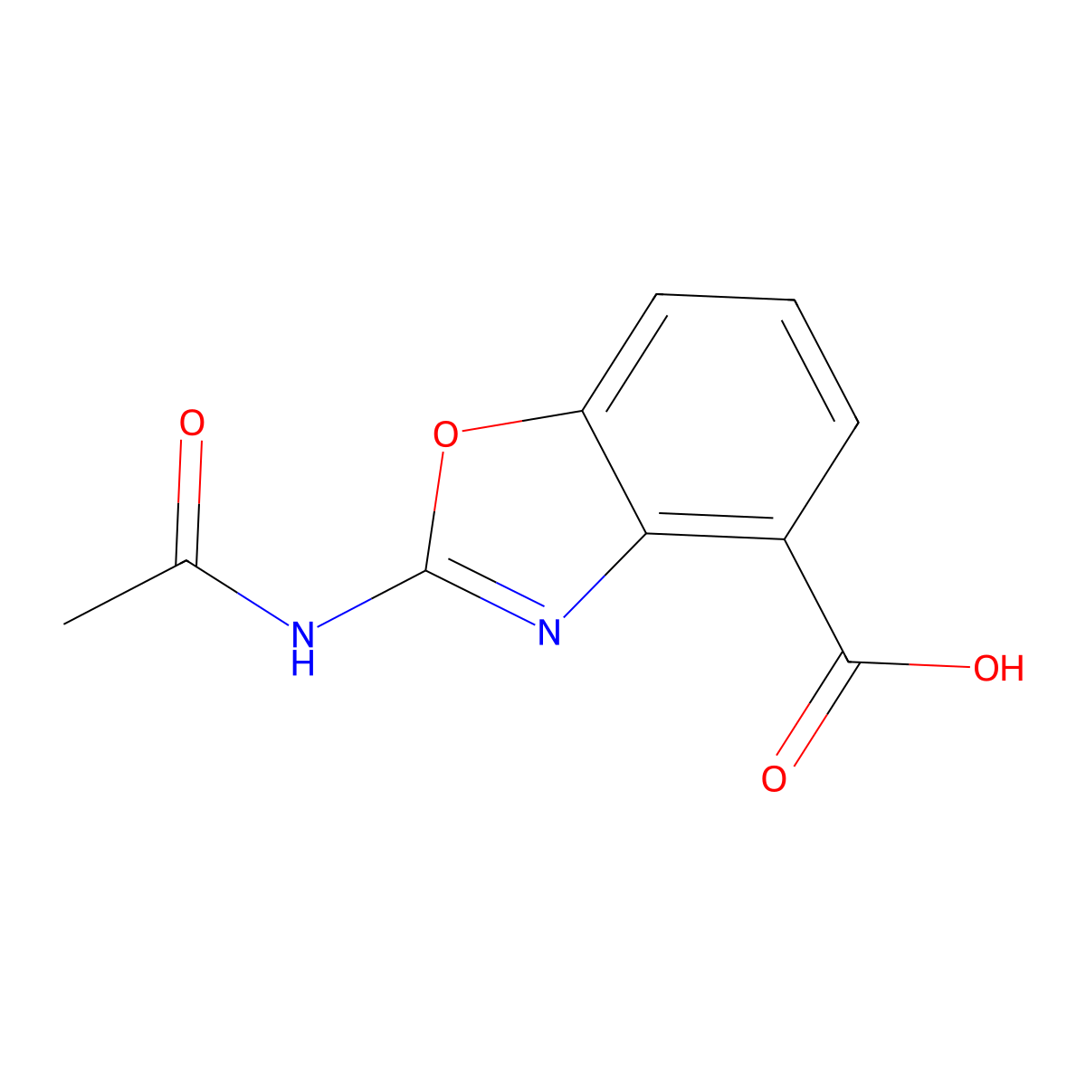 2-Acetamido-1,3-benzoxazole-4-carboxylic acid molecular structure, CAS 2680841-15-8