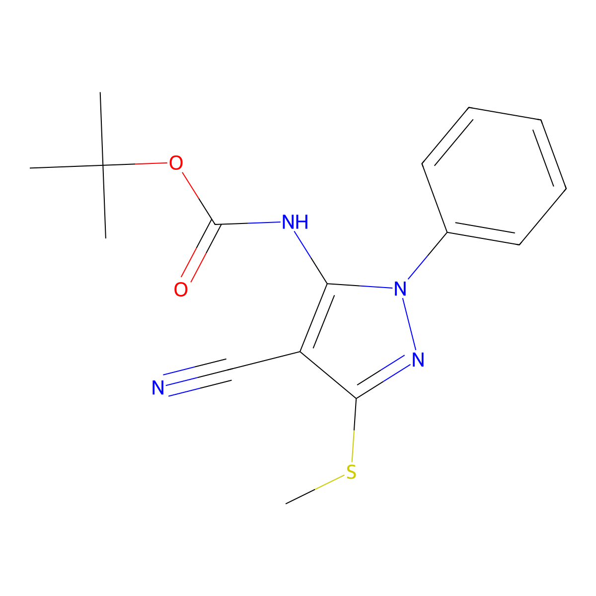 tert-butyl N-[4-cyano-3-(methylsulfanyl)-1-phenyl-1H-pyrazol-5-yl]carbamate molecular structure, CAS 2680841-84-1