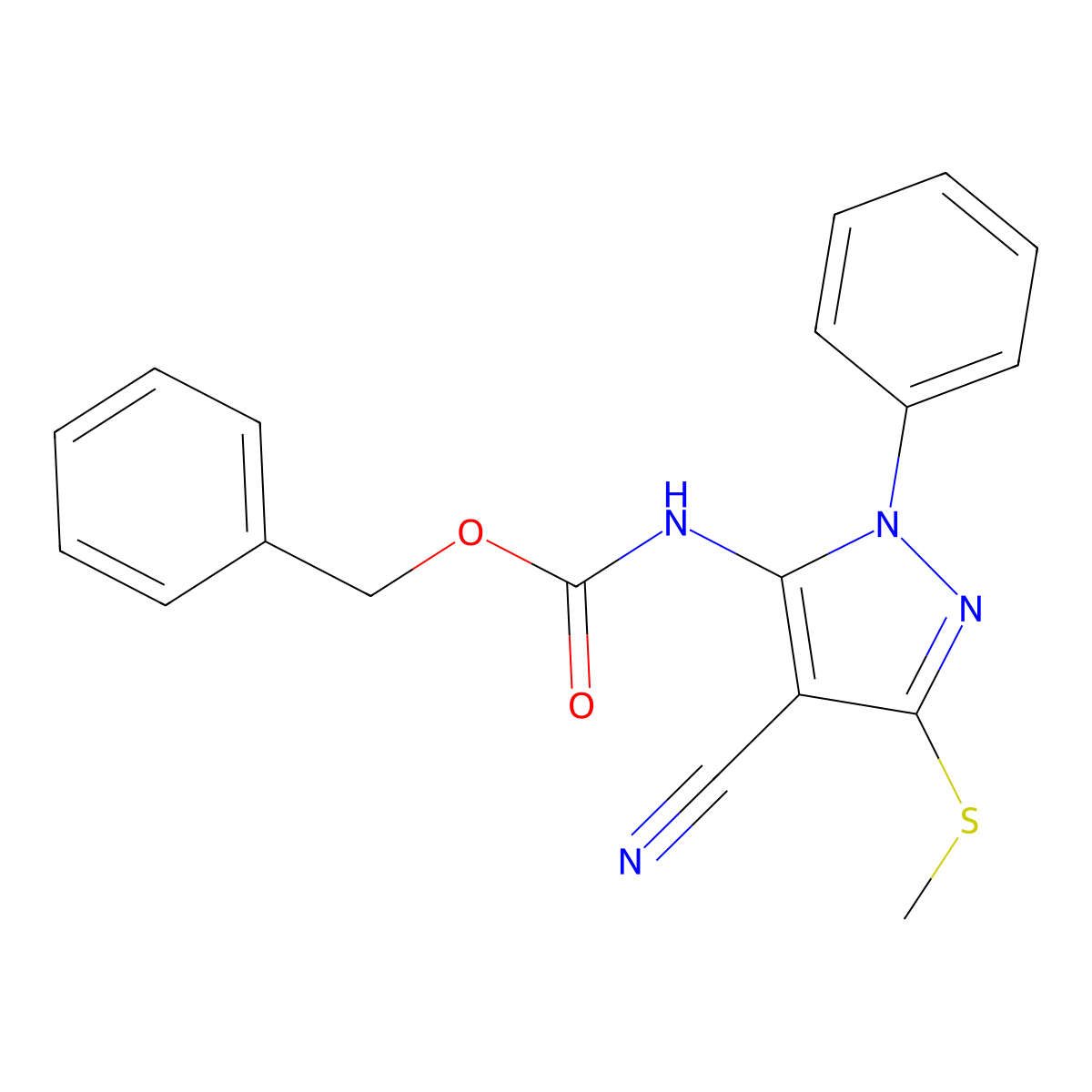 benzyl N-[4-cyano-3-(methylsulfanyl)-1-phenyl-1H-pyrazol-5-yl]carbamate molecular structure, CAS 2680842-13-9